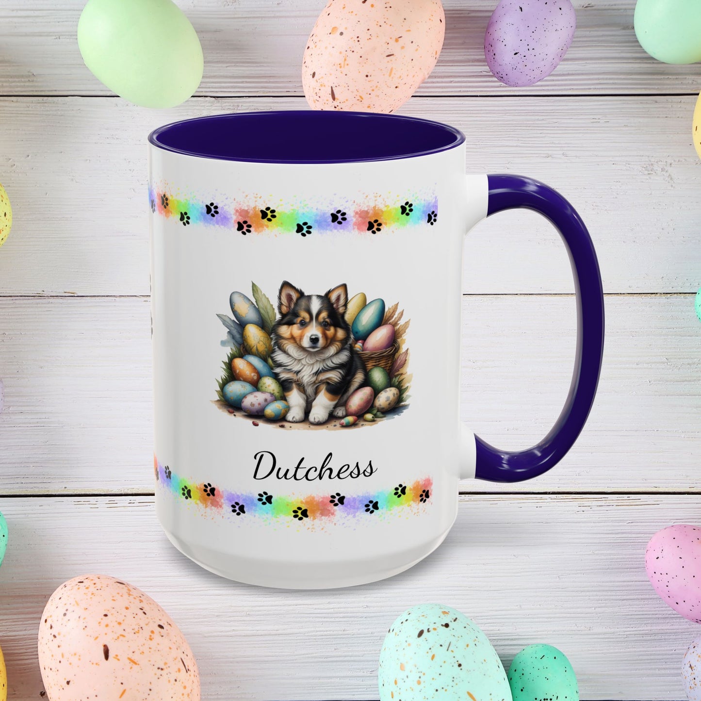 Shetland Sheepdog Easter puppy coffee mug personalized cute dog design, great for mindful mornings and Easter décor.
