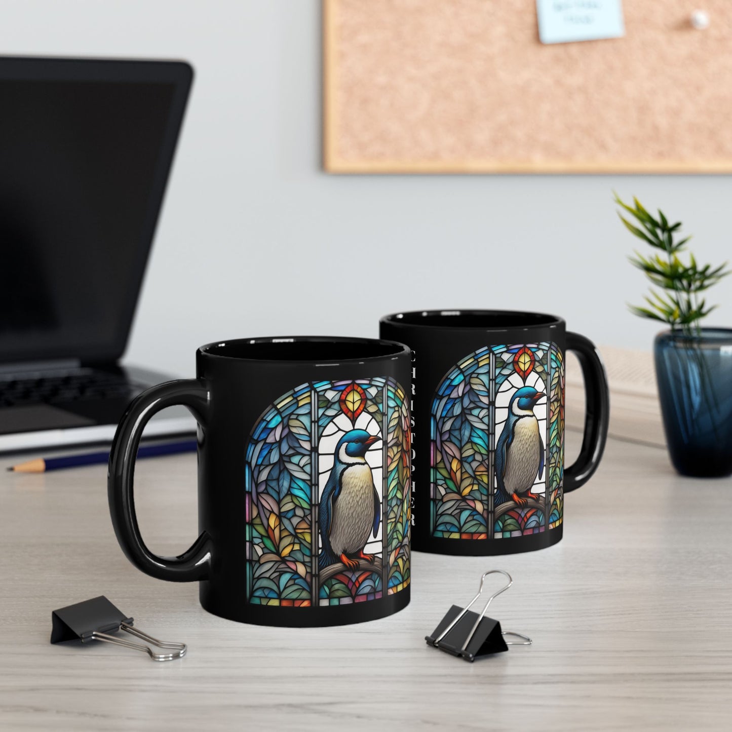 Penguin personalized coffee mug, stained glass animal design, ideal gift for wildlife fans.