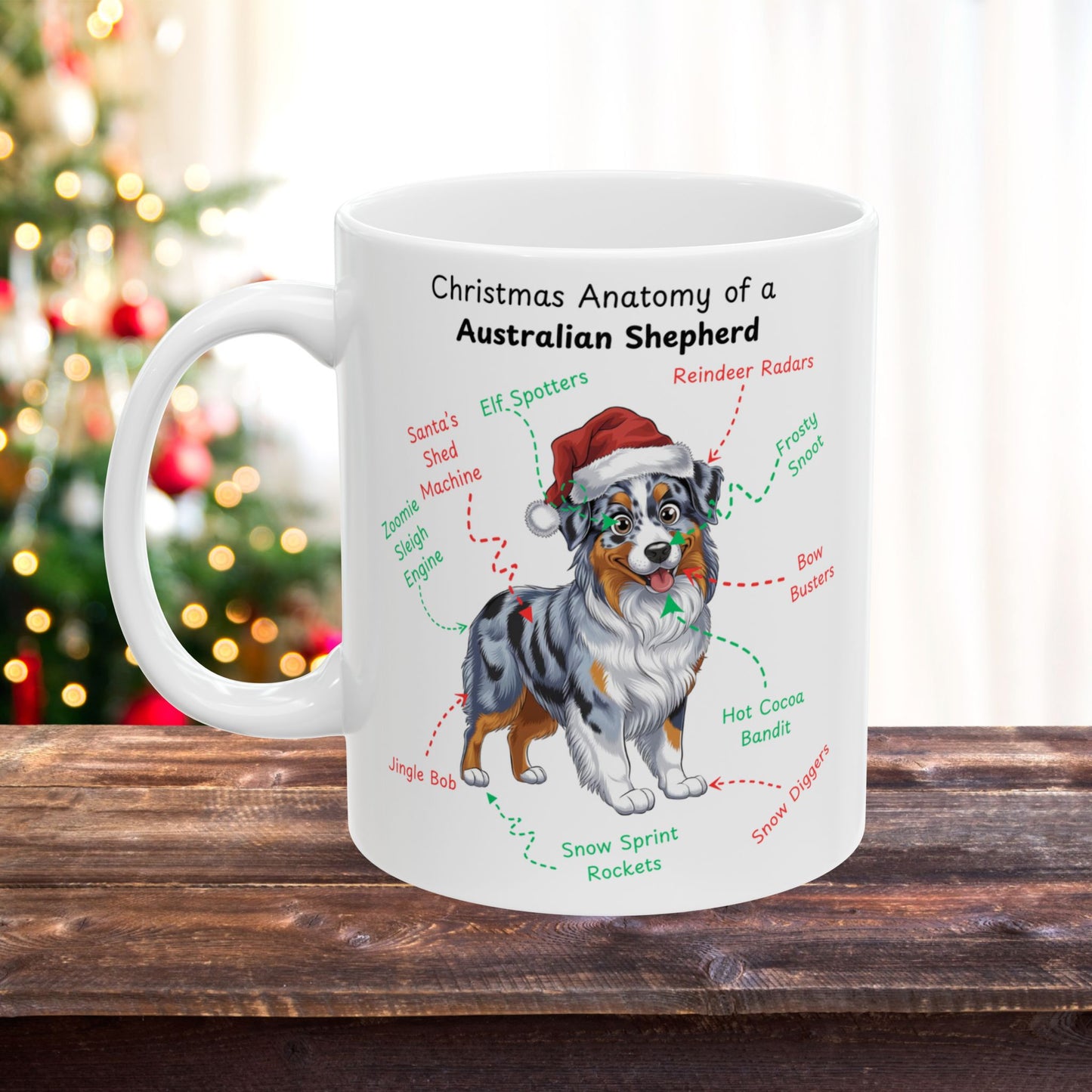 Australian Shepherd Blue Merle personalized Christmas dog mug with funny holiday anatomy design