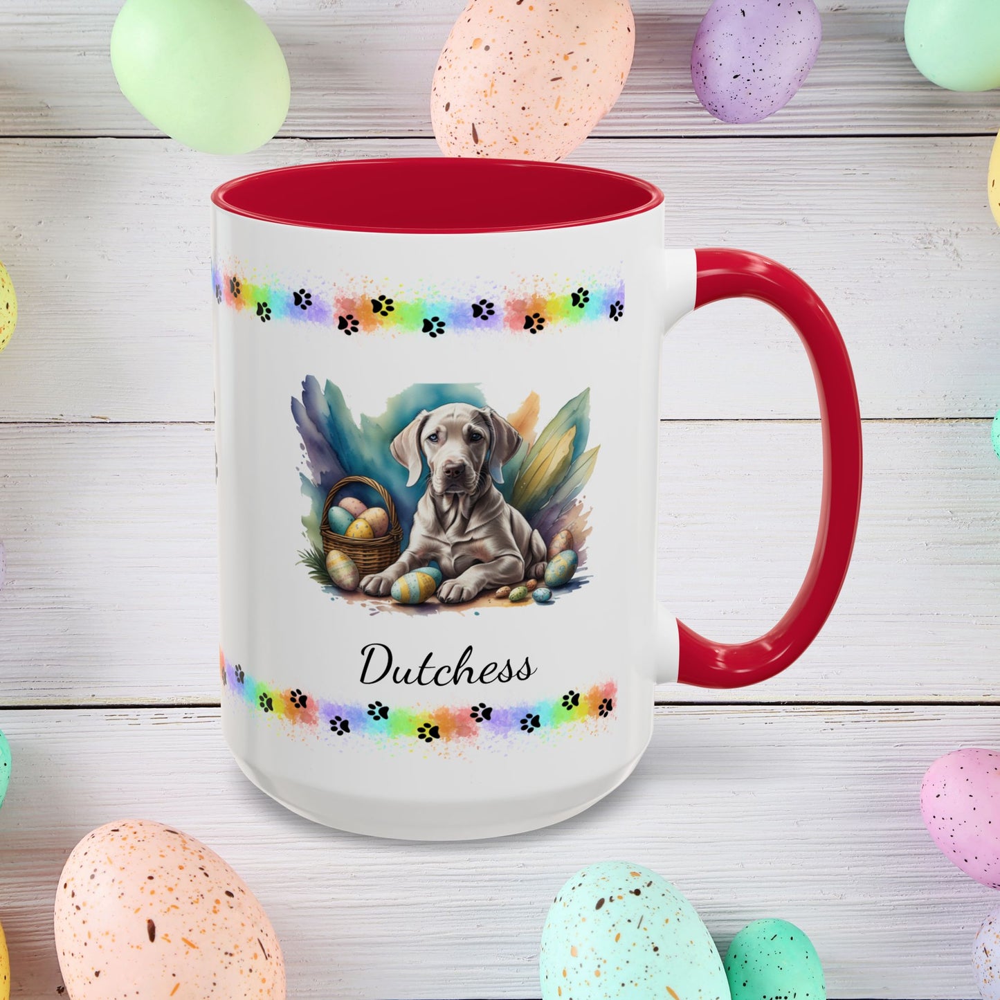 Weimaraner taupe Easter puppy coffee mug personalized dog design, ideal for promoting calm, comfort, and spring cheer.