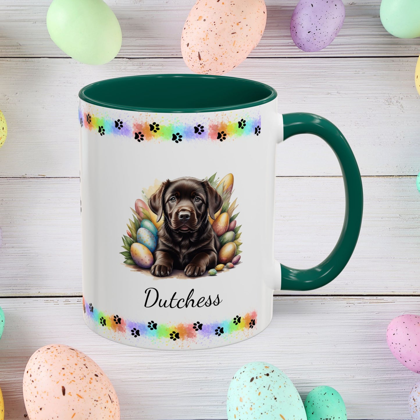 Chocolate Labrador Easter puppy coffee mug, personalized cute dog gift for mental health support and cozy sipping