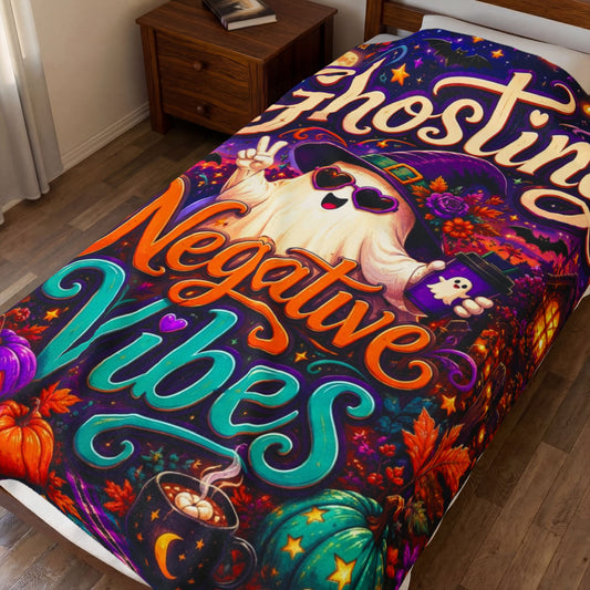 Ghosting Negative Vibes Velveteen Blanket - Ghost with Peace Sign Heart Sunglasses and Ghost Coffee Cup