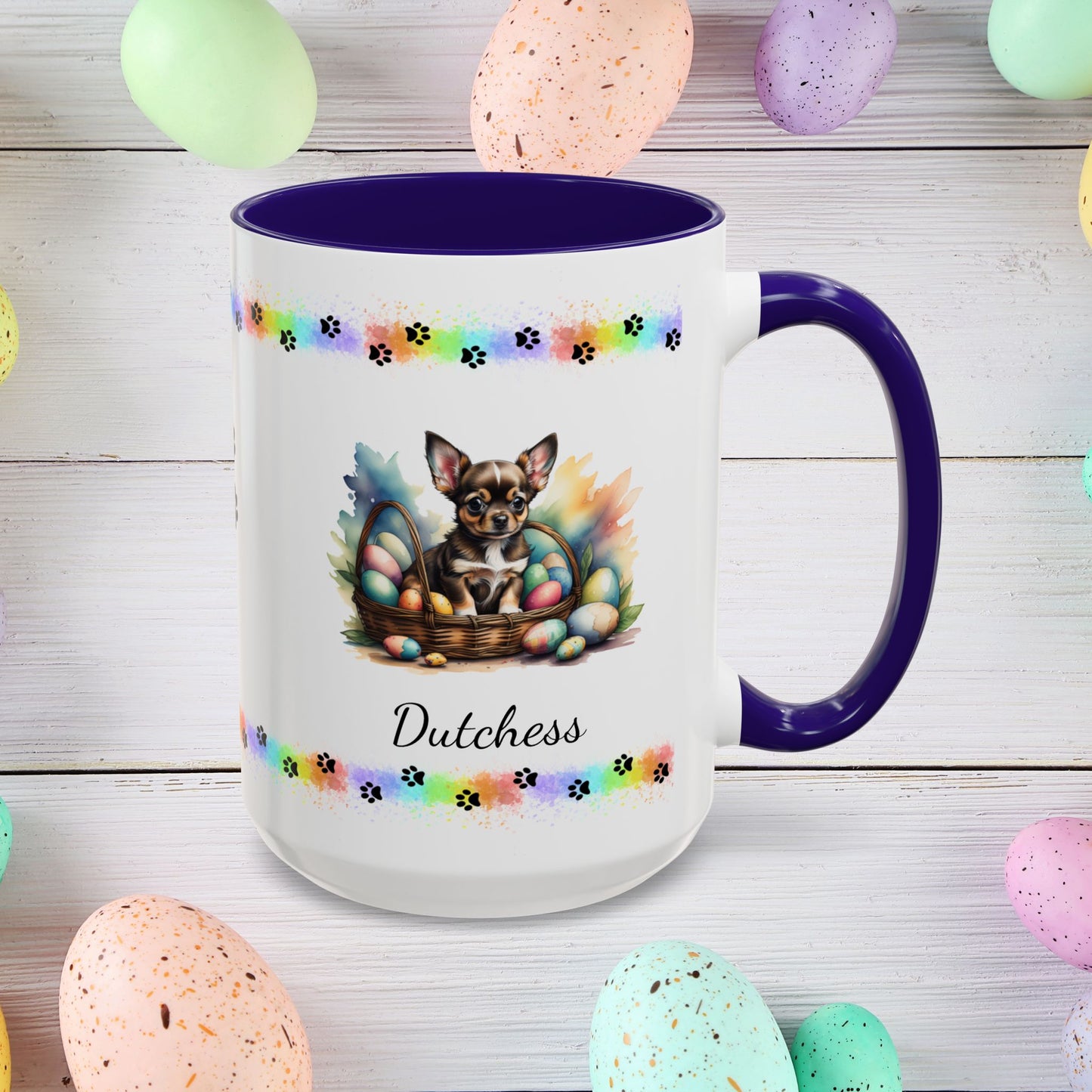 Chihuahua (Black Tri): Personalized Easter Puppy Coffee Mug - Adorable Dog Design, Mental Health Gift, 11oz & 15oz, 12 Color Choices, Easter Gifts & Décor