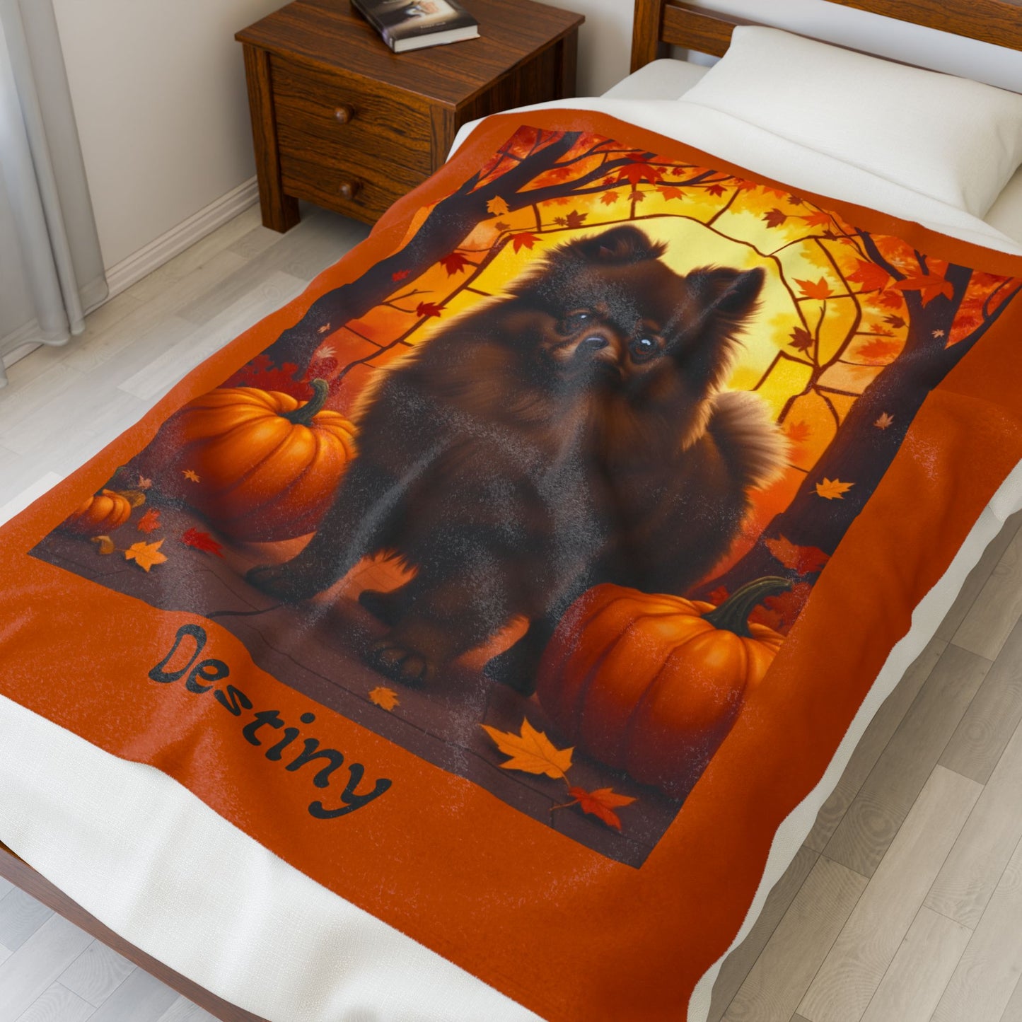 Chocolate Pomeranian velveteen plush blanket, soft throw for dog lovers, cozy home accent blanket gift idea