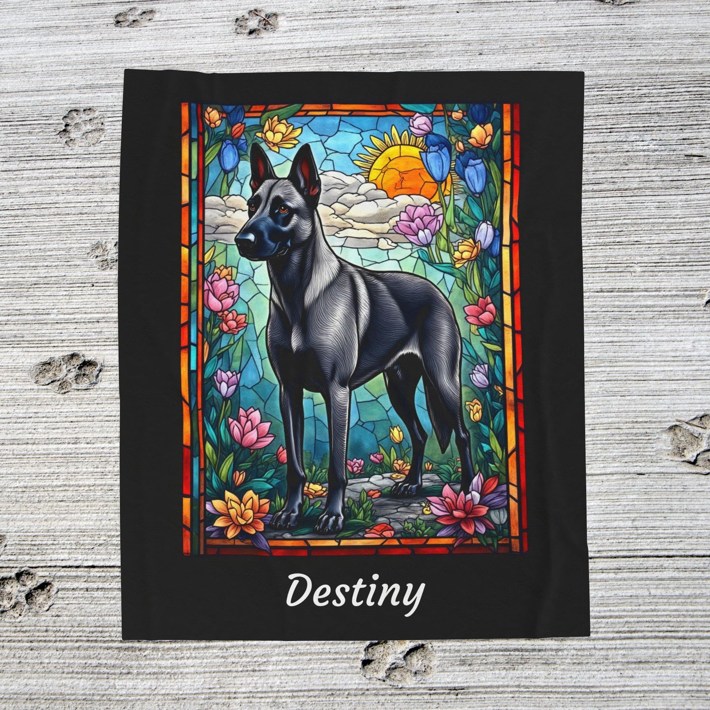Belgian Malinois Gray - Velveteen Plush Stained Glass Dog Blanket - Custom Malinois Pet Blanket, Dog Lover Throw