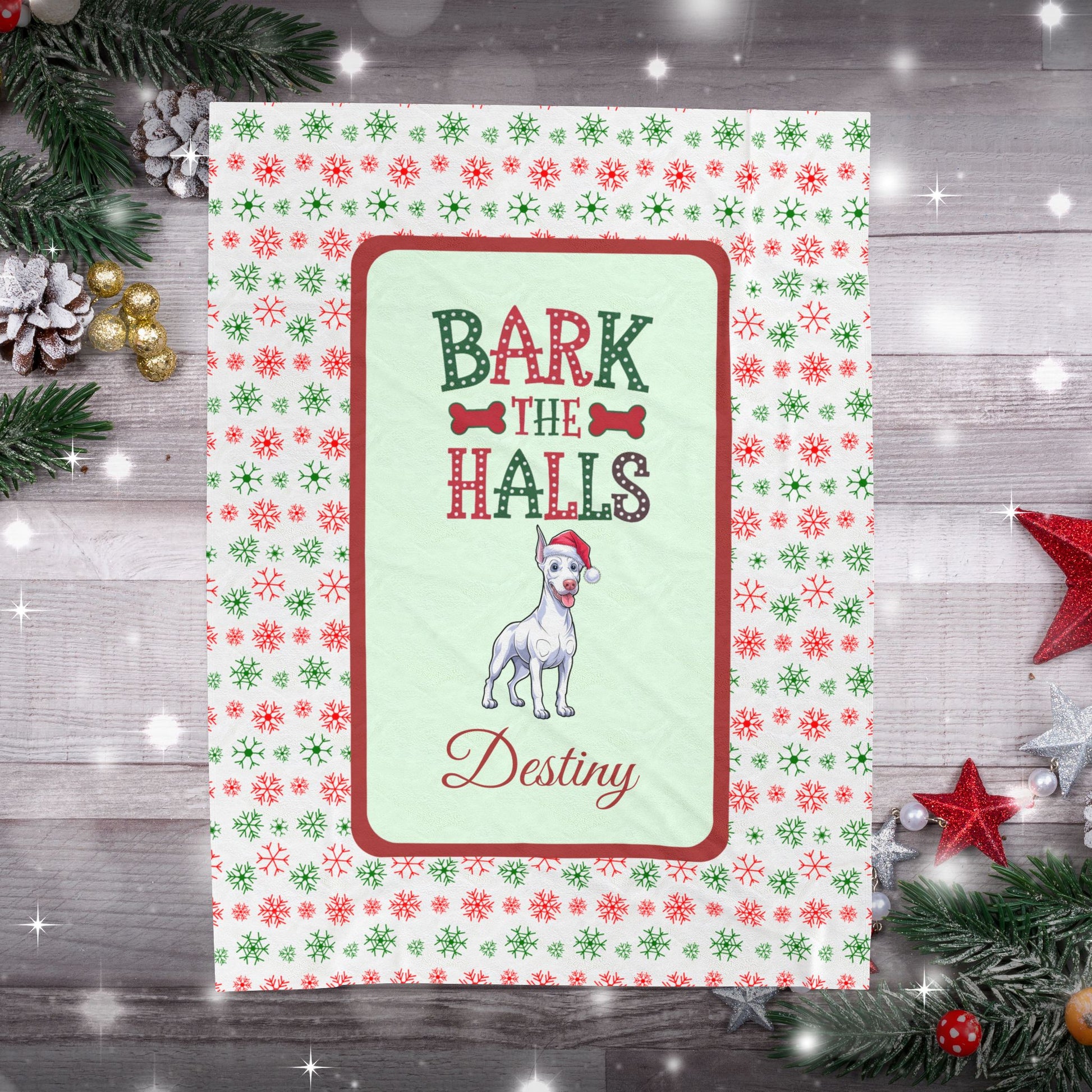 Doberman Pinscher White personalized velveteen Christmas throw Bark The Halls holiday dog lover blanket