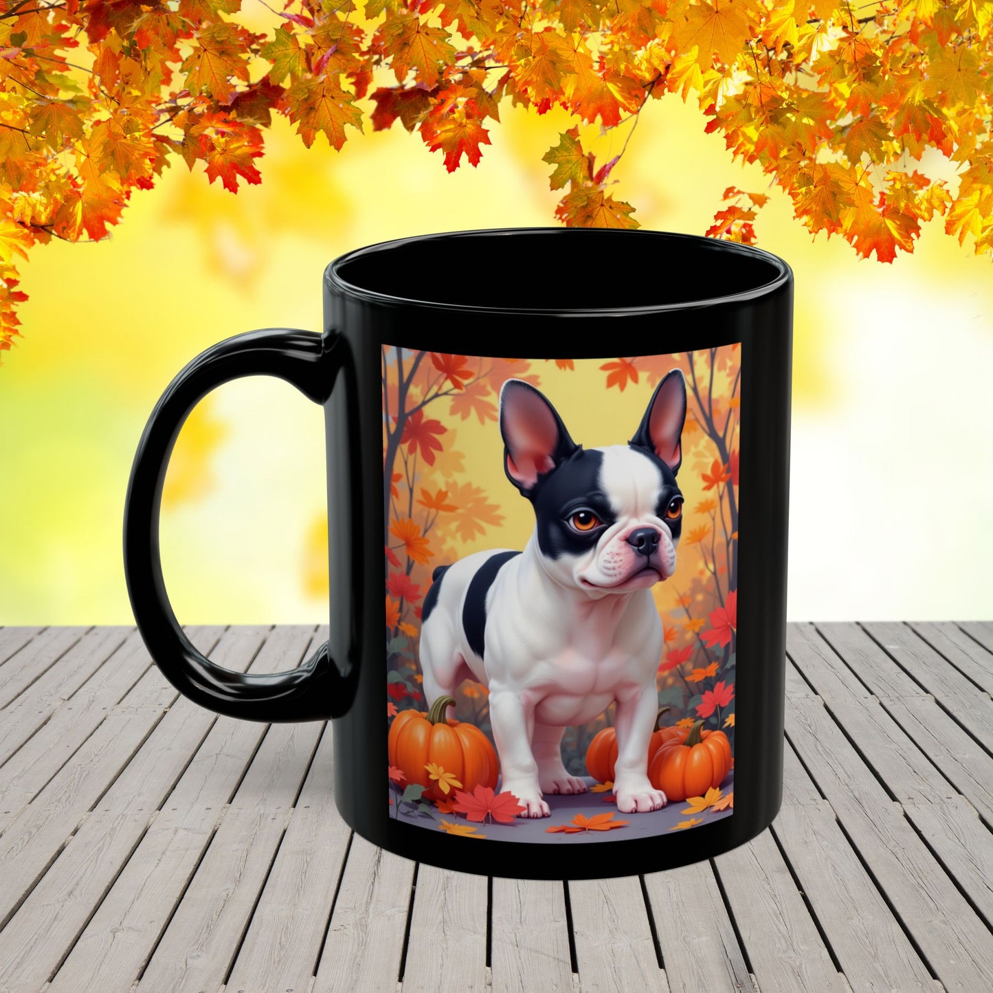 French Bulldog Black Pied - Autumn coffee mug, cozy seasonal dog lover gift for Frenchie parents