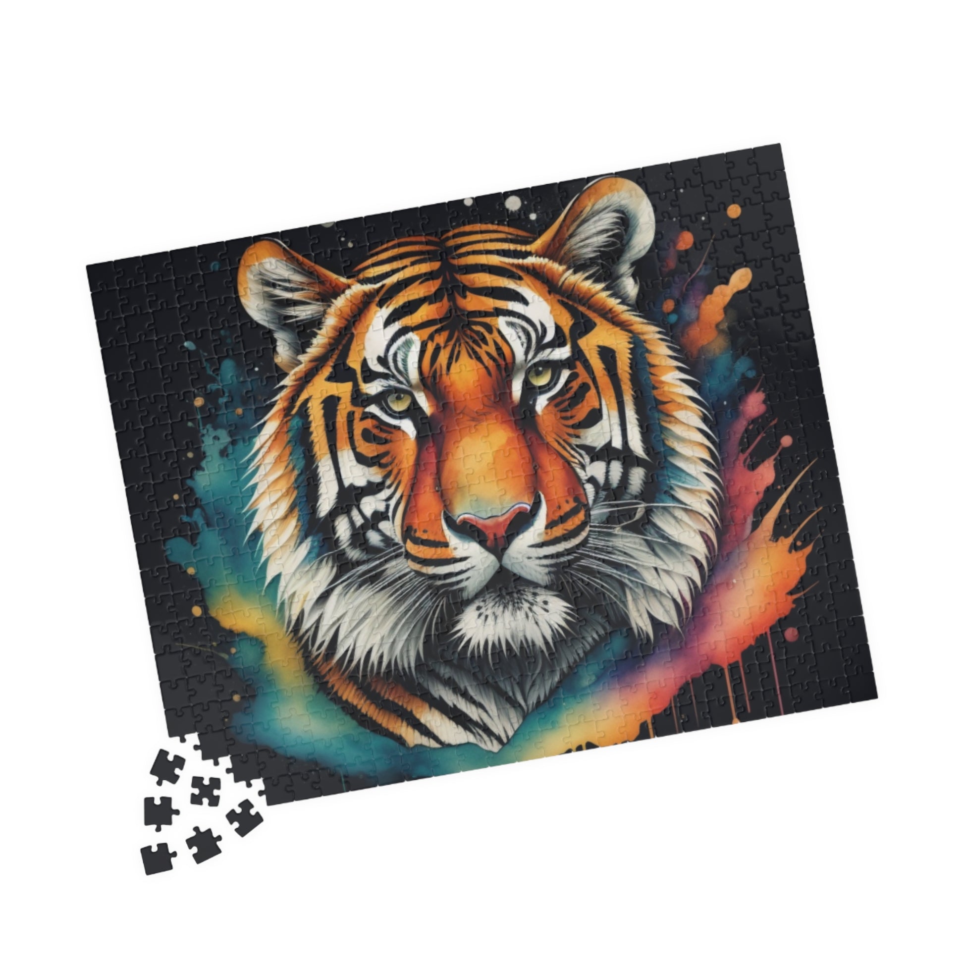 Peaceful tiger resting in a lush jungle setting, captured on a puzzle promoting calm and focus