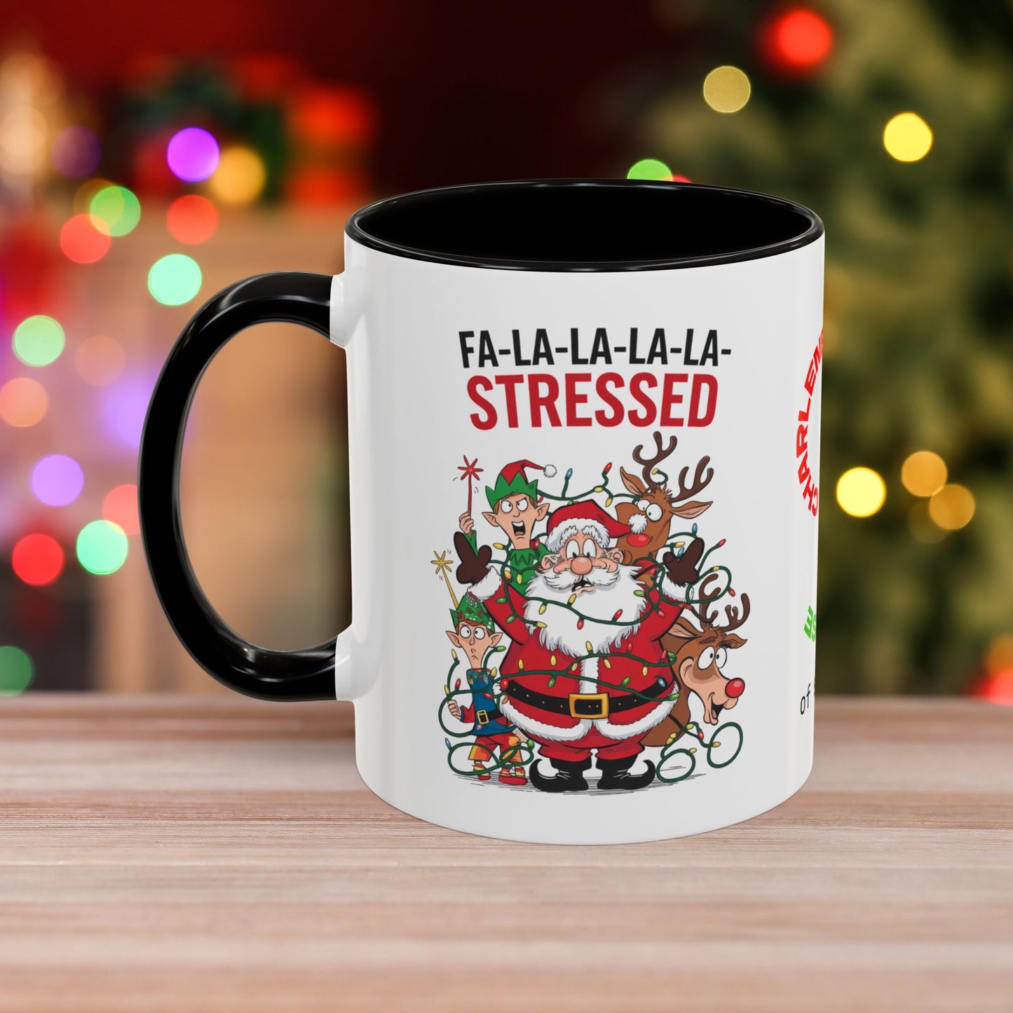 Fa-la-la-la-la Stressed – Humorous Christmas Mug with Colorful Design and Accent Color