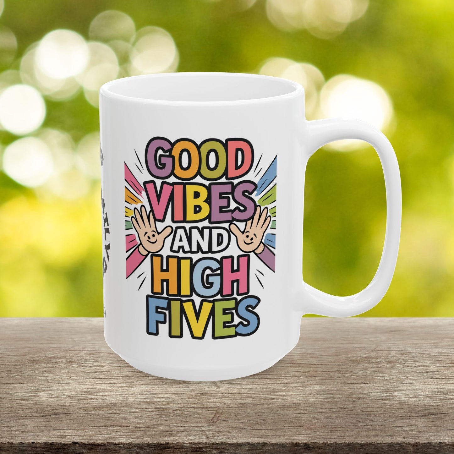 "Good Vibes And High Fives" funny mental health mug, personalized ceramic cup with anxiety relief and positive affirmations.