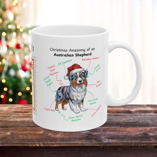 Shop our blue merle australian shepherd christmas anatomy mug featuring the 15oz style option from MySisterIsASurvivor.