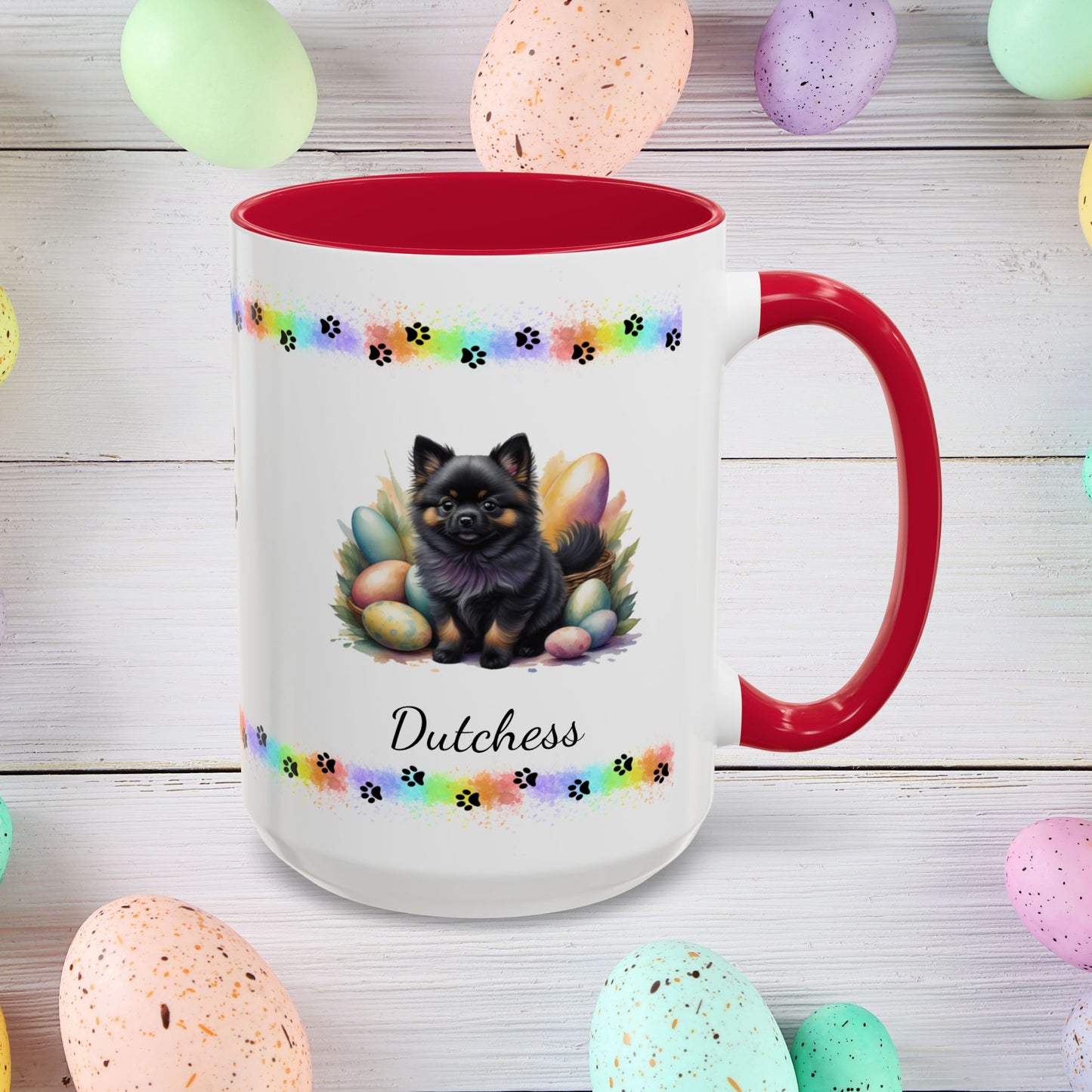 Pomeranian Black & Tan Easter puppy coffee mug, personalized cute dog coffee cup gift for mental health support