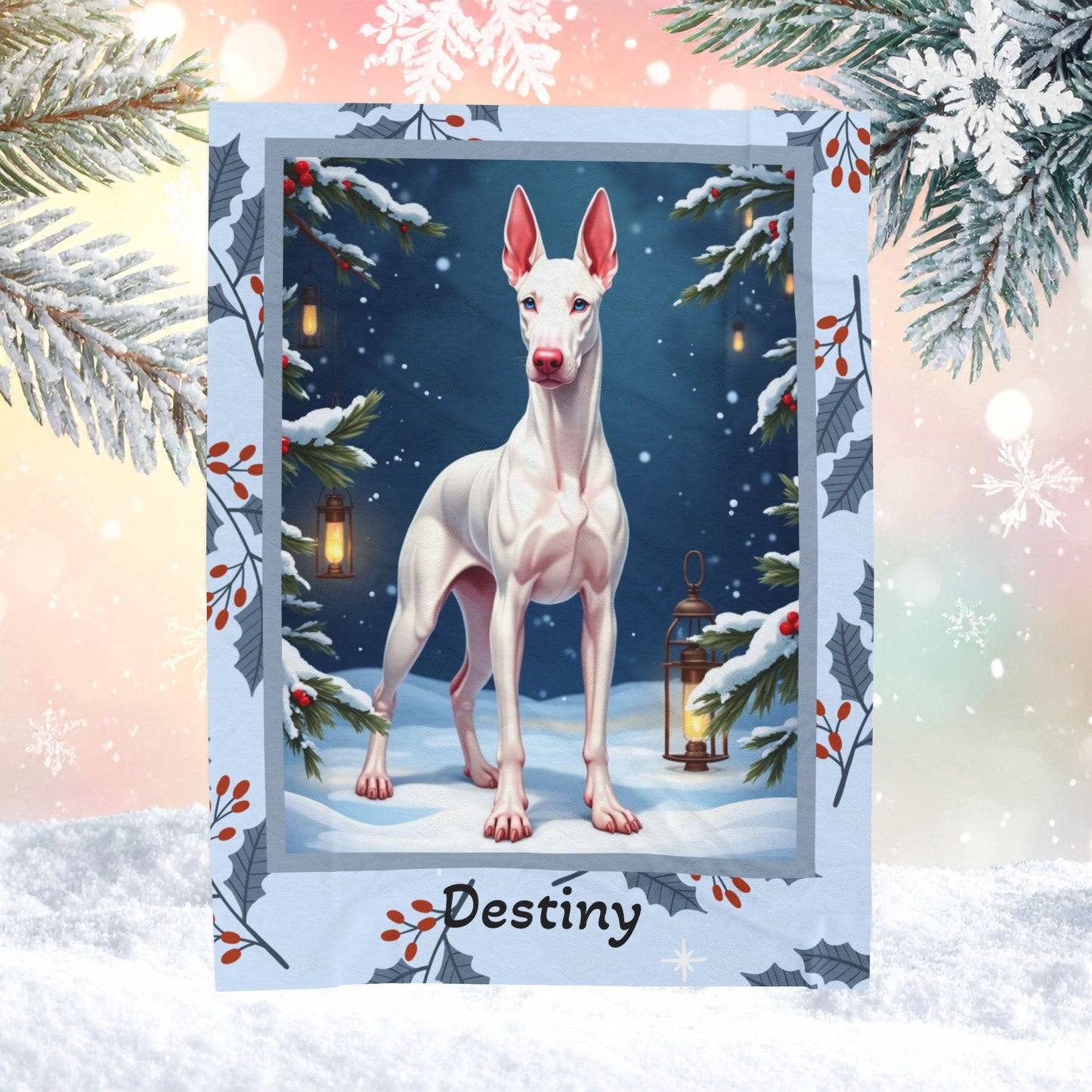 Doberman White personalized winter Doberman blanket with crisp white coat artwork in a cozy winter lodge scene