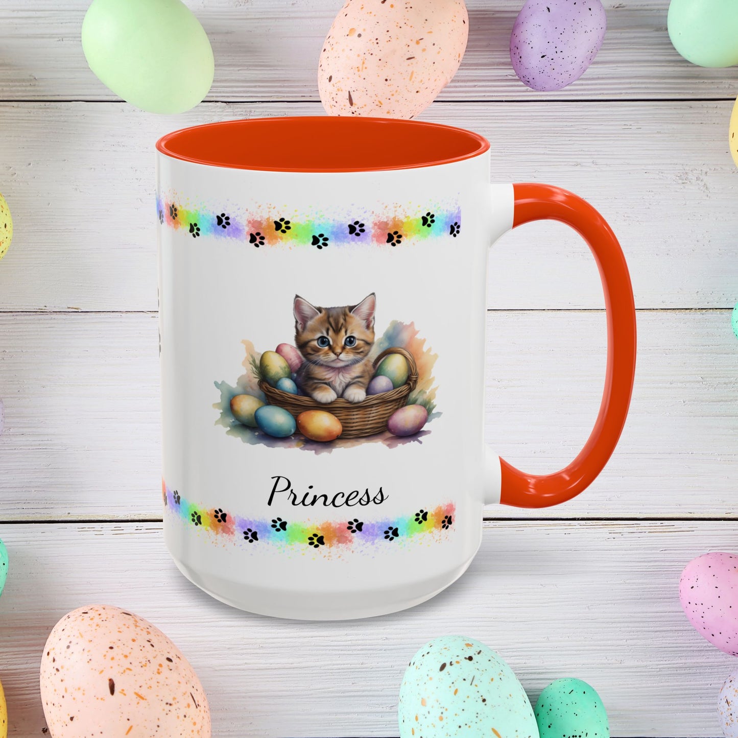 Munchkin personalized Easter coffee mug, cute kitten design, mental health awareness gift for cat lovers
