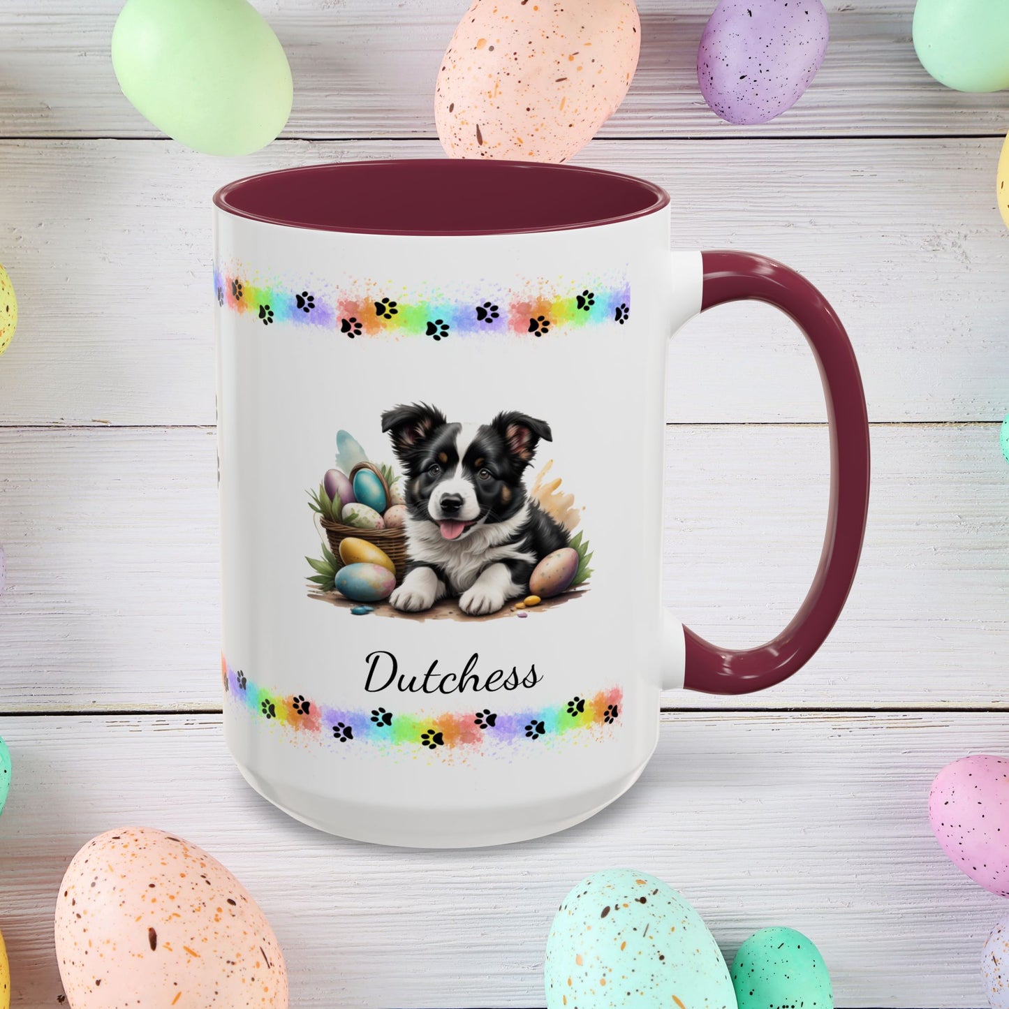 Border Collie Black & White Easter puppy coffee mug, personalized cute dog gift for mental health support