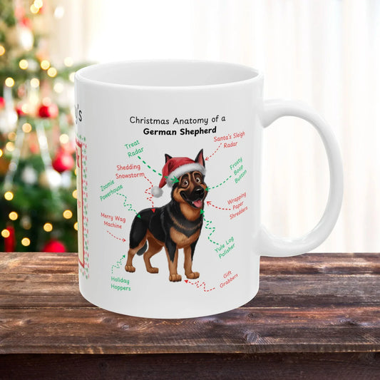 Shop our black rust german shepherd christmas anatomy mug featuring the 15oz style option from MySisterIsASurvivor.