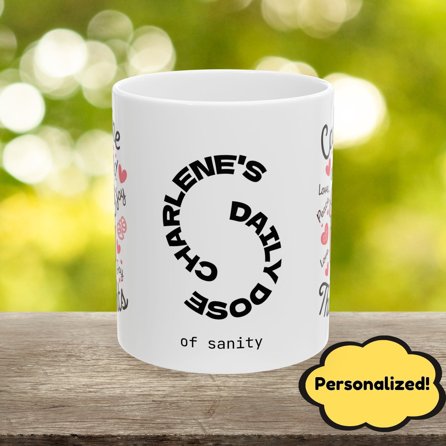 "Caffeine And Kind Thoughts" funny mental health mug, personalized for anxiety relief and self-care affirmations.