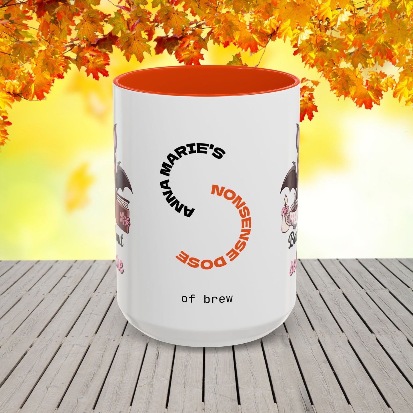Halloween mug with bat-themed design and self-care message, promoting anxiety relief and mental health awareness
