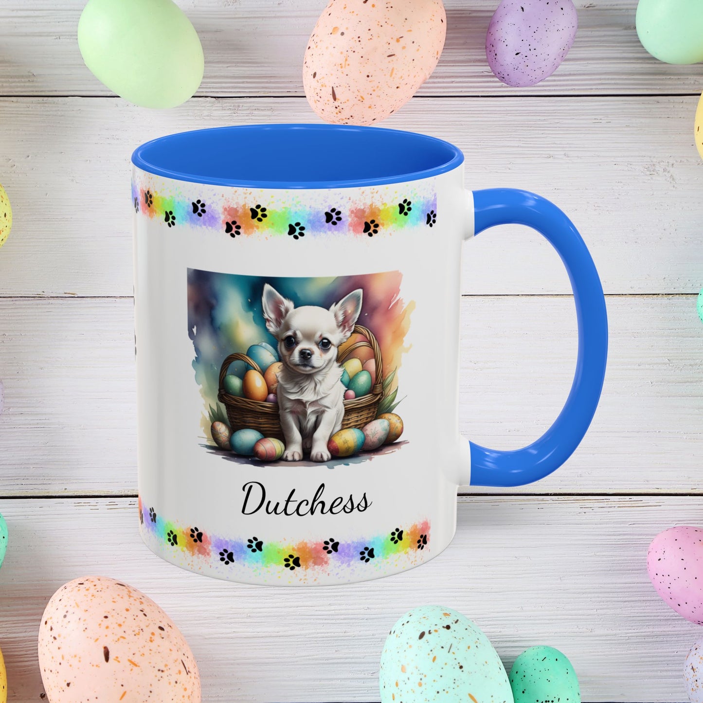 Chihuahua White personalized Easter puppy mug, cute dog coffee cup, mental health awareness gift for dog lovers
