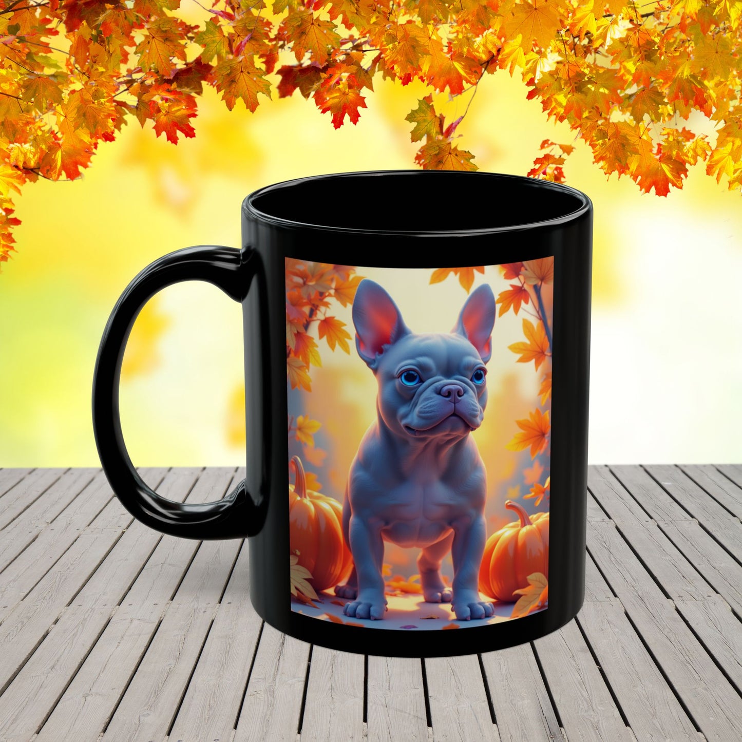 Blue French Bulldog Autumn Black Mug - Cute fall coffee mug for Frenchie dog owners