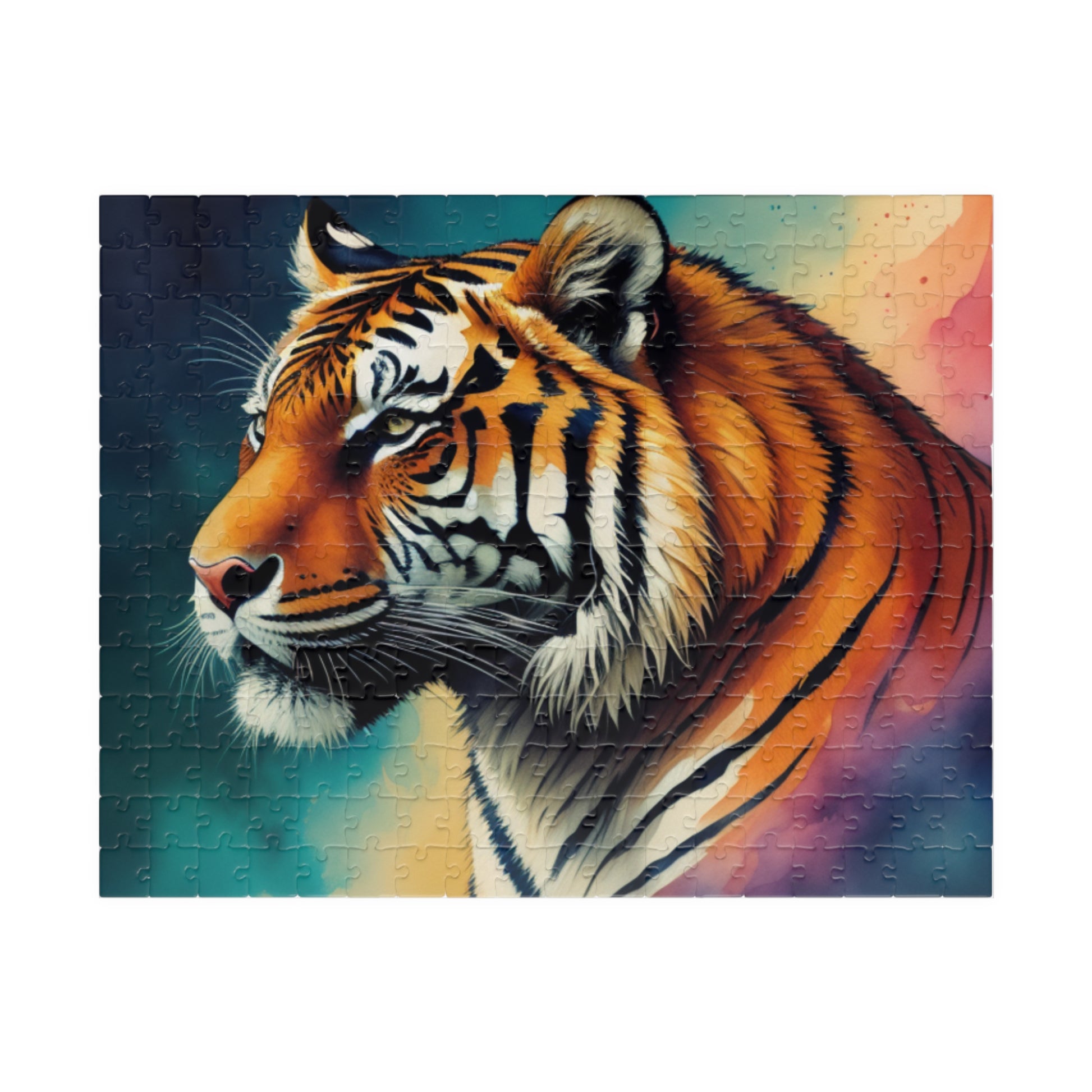 Tiger lying down peacefully, showing detailed striped fur, featured in a tranquil and artistic puzzle