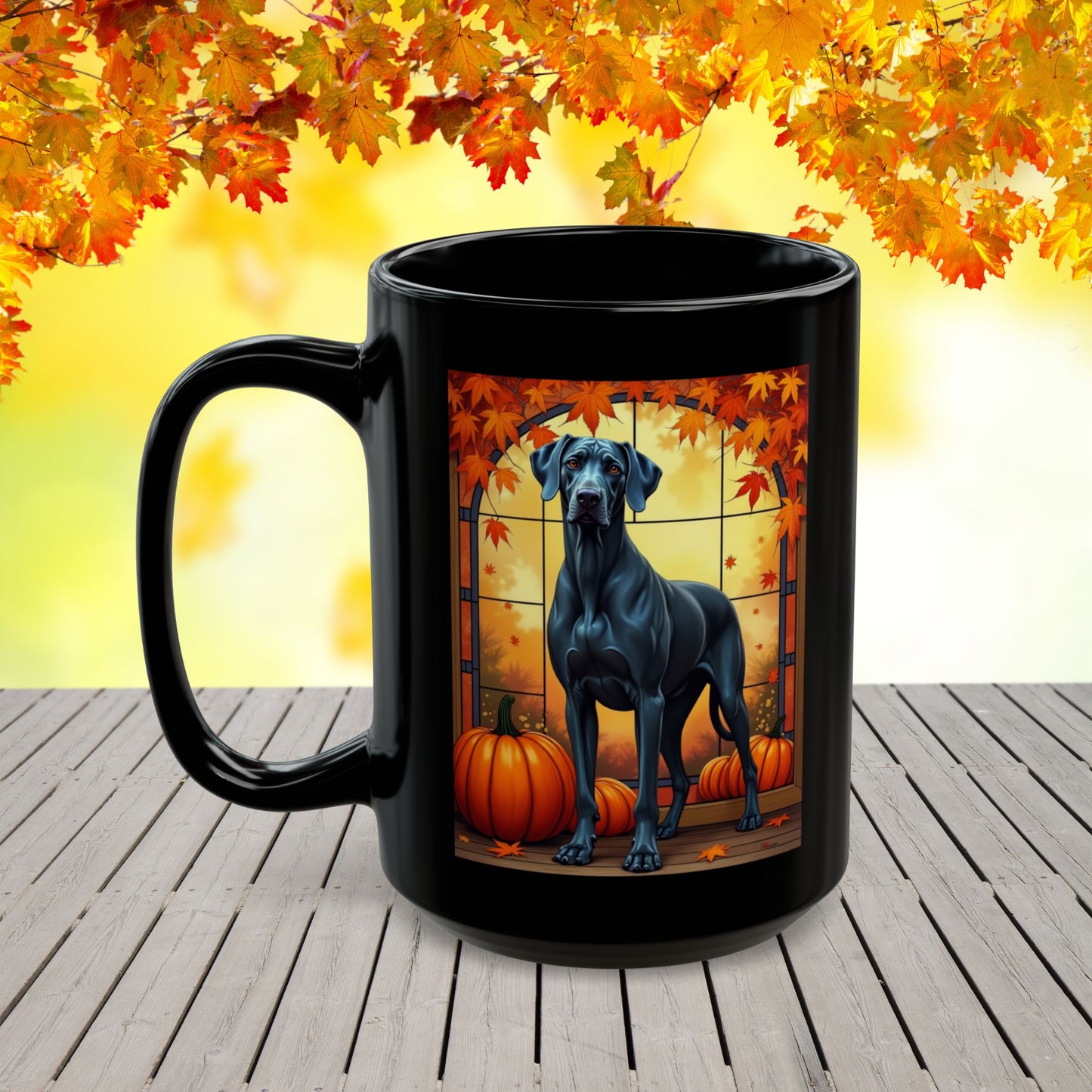 Great Dane Blue - Autumn black mug, seasonal dog mom and dad coffee gift for Great Dane fans