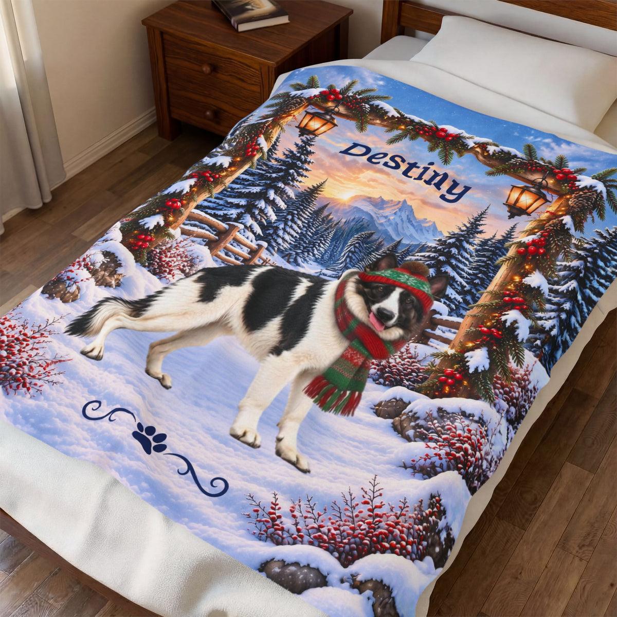 German Shepherd (Black & White Coat) - Personalized Winter Cabin Throw, Custom Name Velveteen Blanket - MySisterIsAsurvor