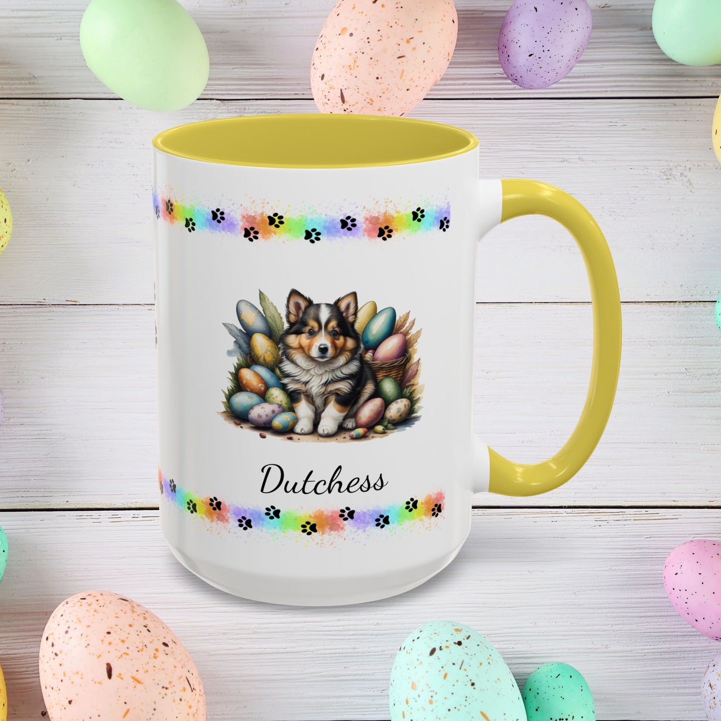 Shetland Sheepdog Easter puppy coffee mug personalized cute dog design, great for mindful mornings and Easter décor.