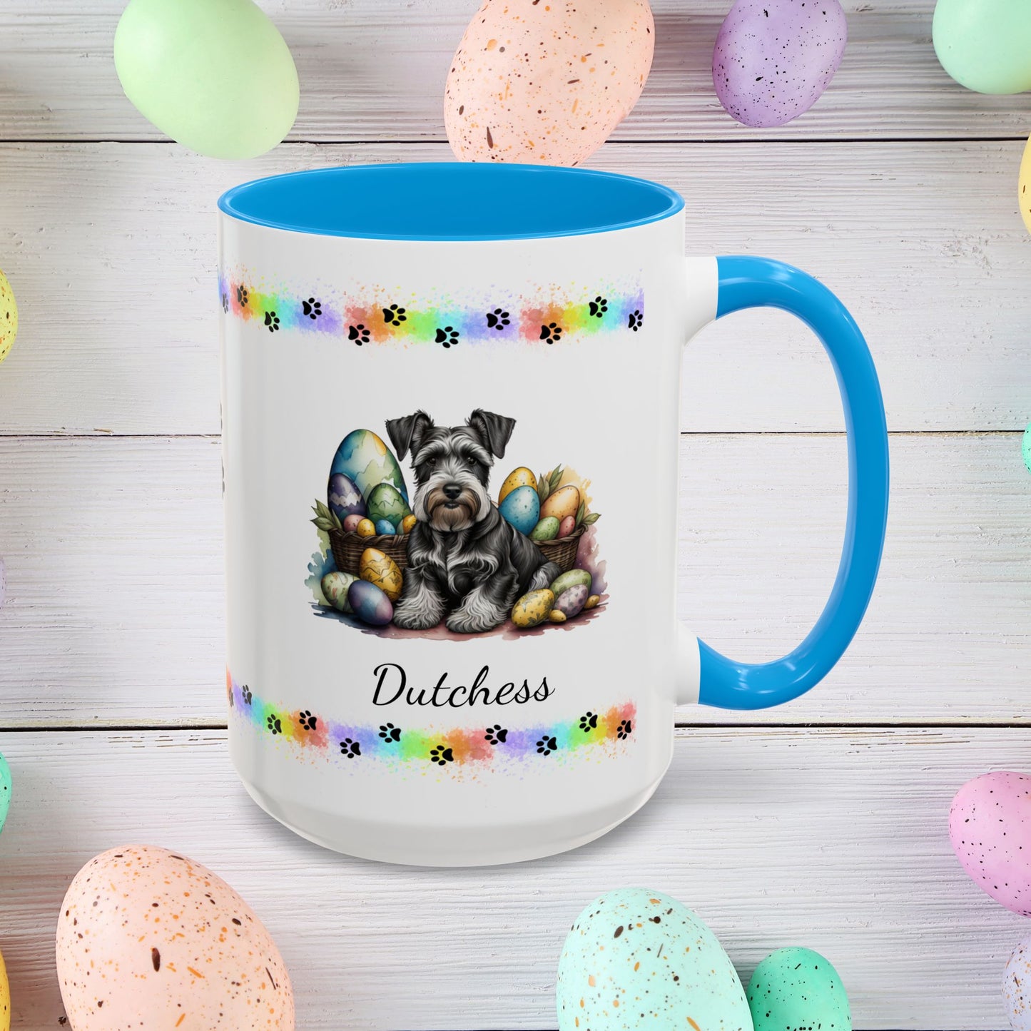 Gray Schnauzer Easter puppy coffee mug personalized for dog moms and dads, perfect for mental health awareness gifts.