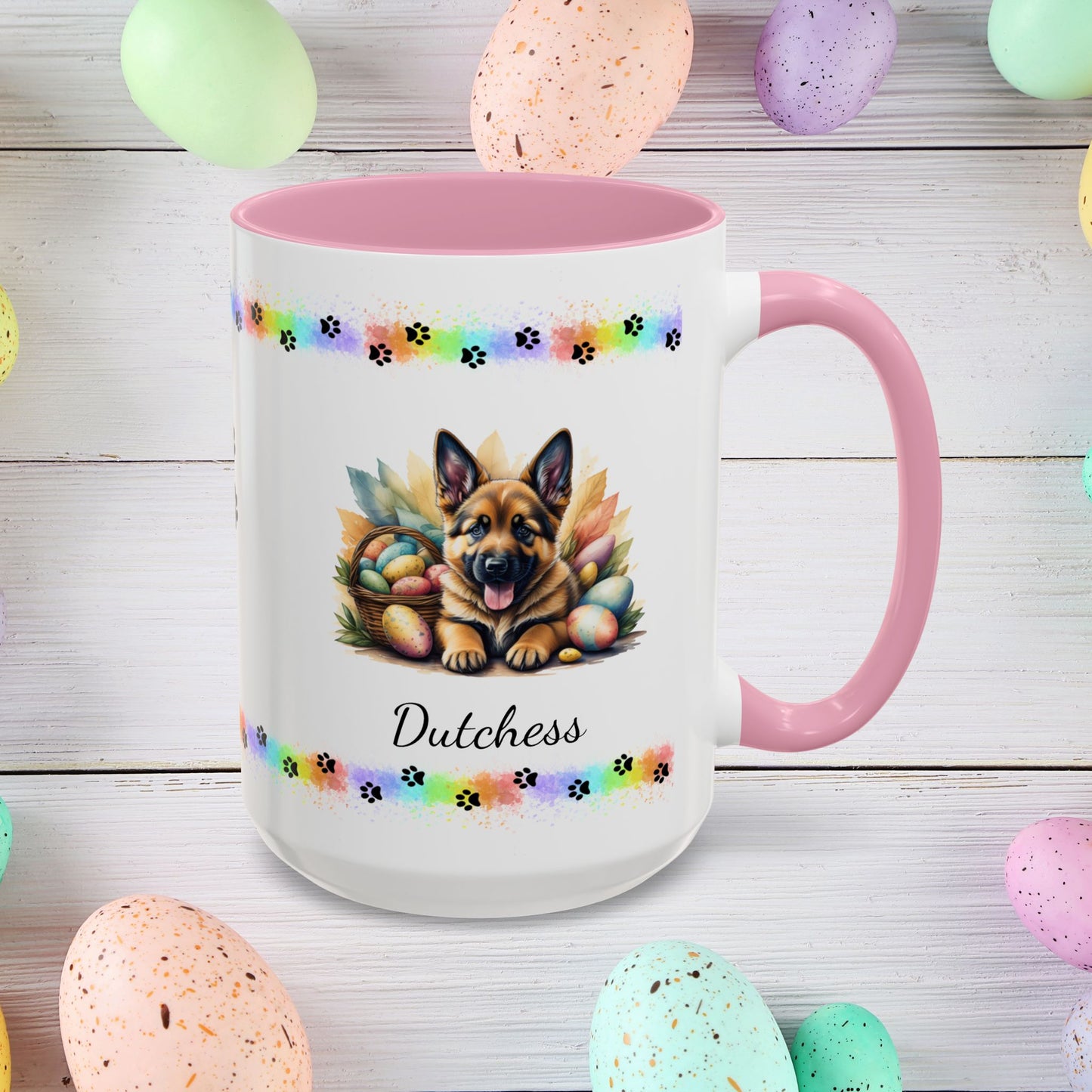 German Shepherd (Saddle): Personalized Easter Puppy Coffee Mug - Adorable Dog Design, Mental Health Gift, 11oz & 15oz, 12 Color Choices, Easter Gifts & Décor