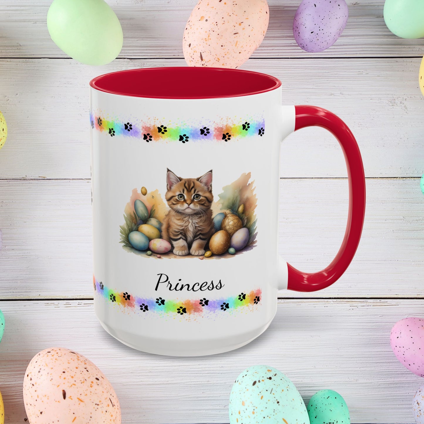 Bobtail cute kitten Easter coffee mug, personalized gift for cat lovers, mental health awareness and home use