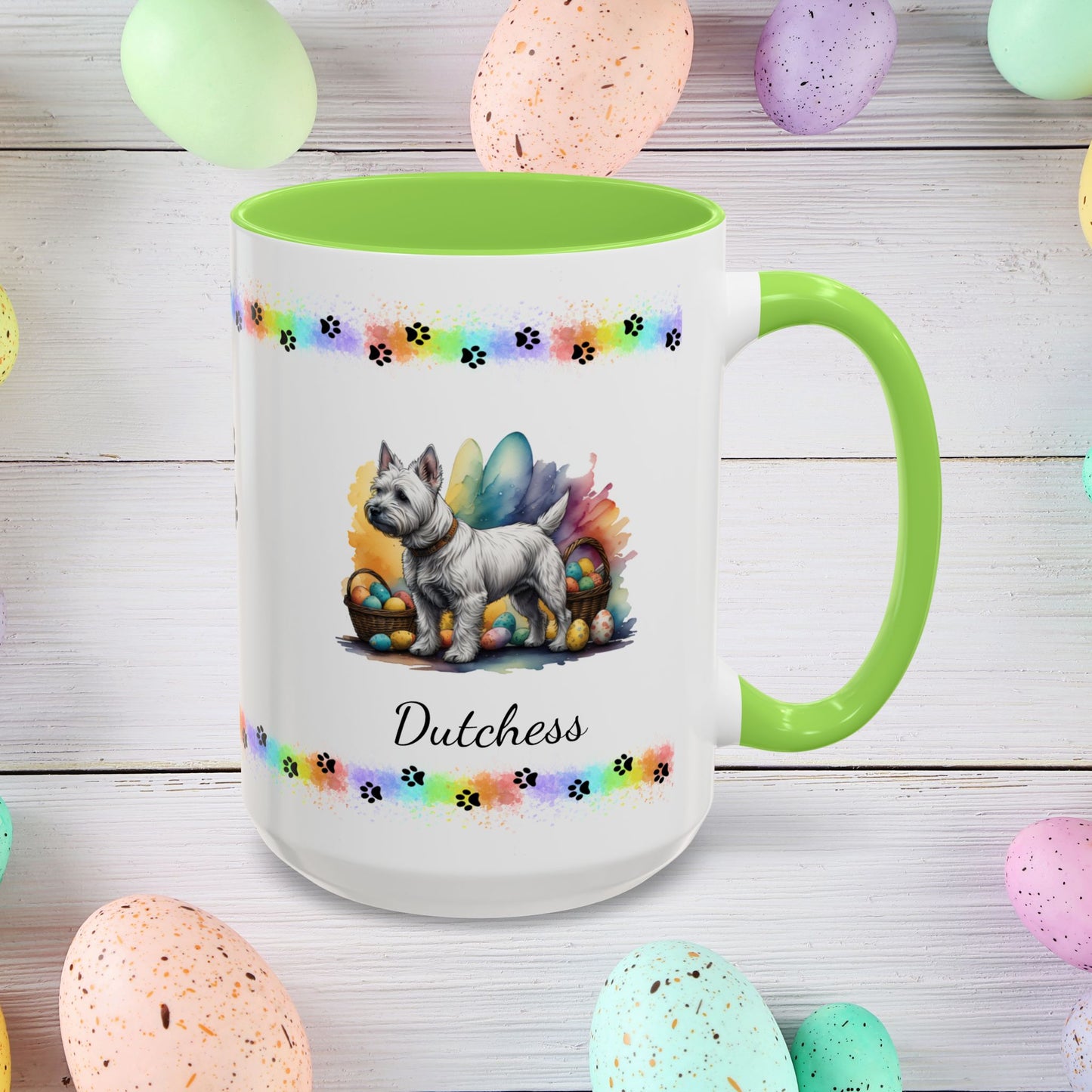 West Highland Terrier Easter puppy coffee mug personalized gift, perfect for Easter mornings and mental health awareness.