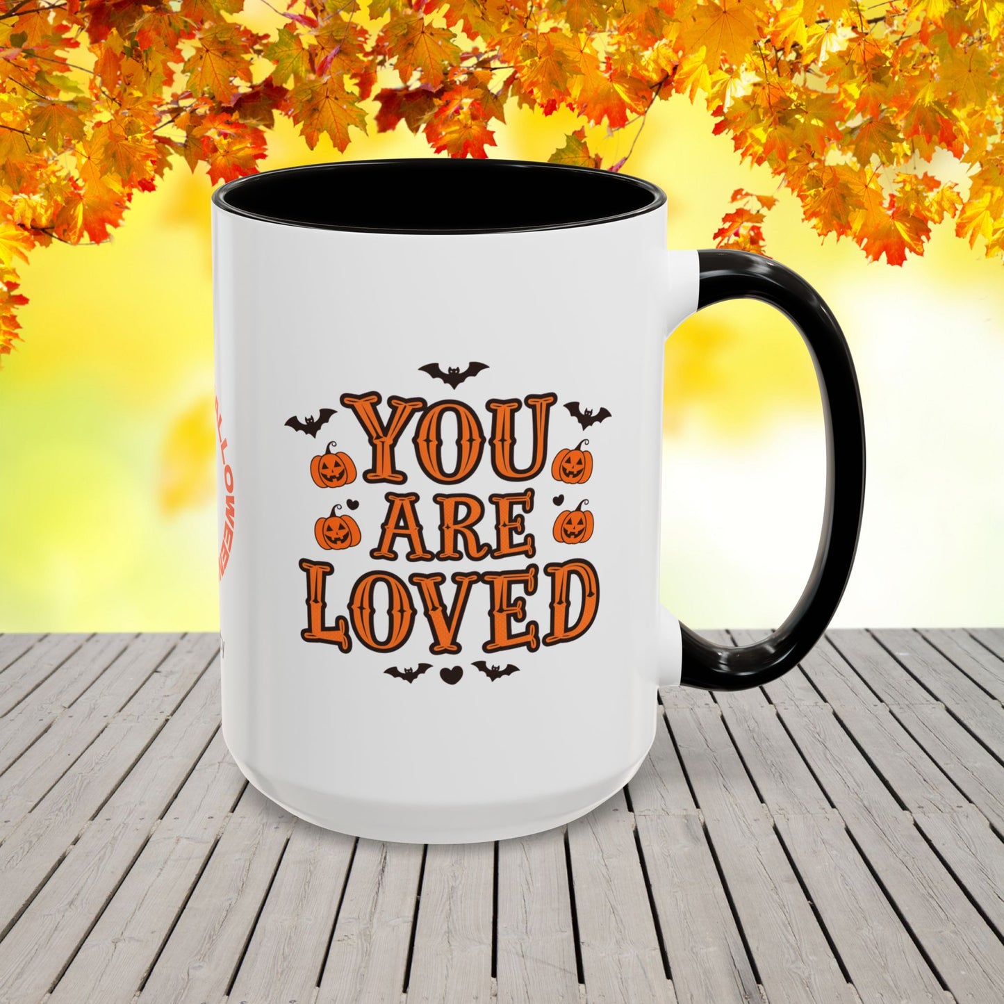 Personalized Halloween mug with “You Are Loved” quote, comforting mental wellness gift with name.