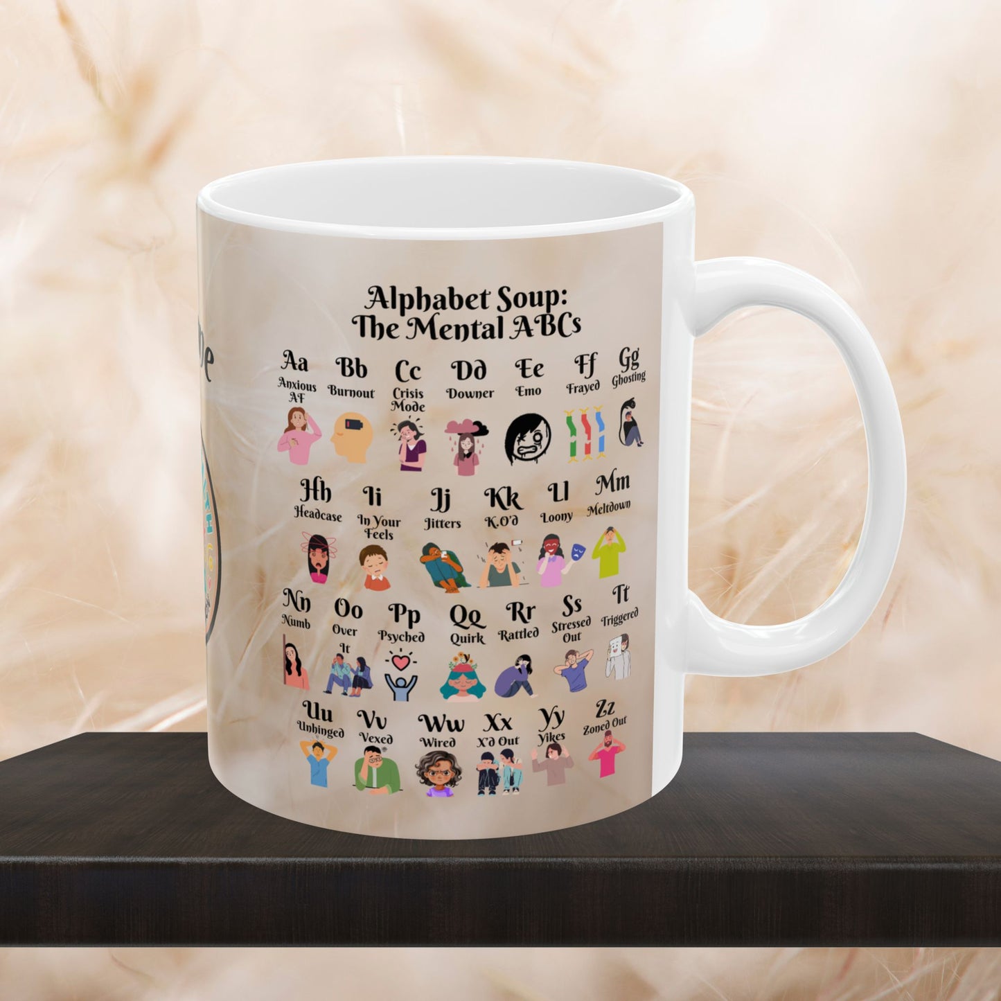 Personalized Alphabet Soup Mug with A to Z Mental Health Slang in bold colors, perfect for therapy support and self-care routines.