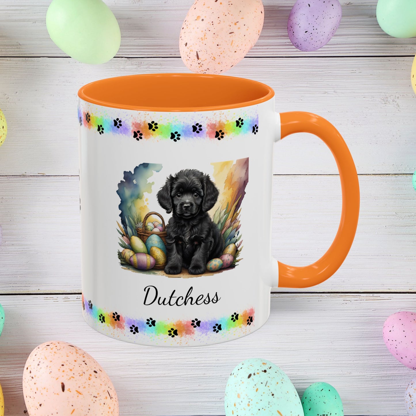 Adorable black Poodle Easter puppy coffee mug personalized dog gift, perfect for mental health awareness and spring joy.