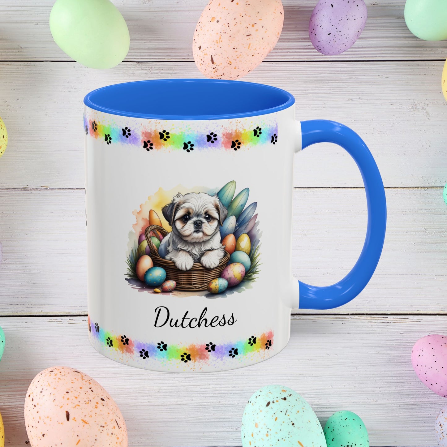 Silver and white Shih Tzu Easter puppy coffee mug, adorable personalized dog gift for comfort, hope, and self-care.