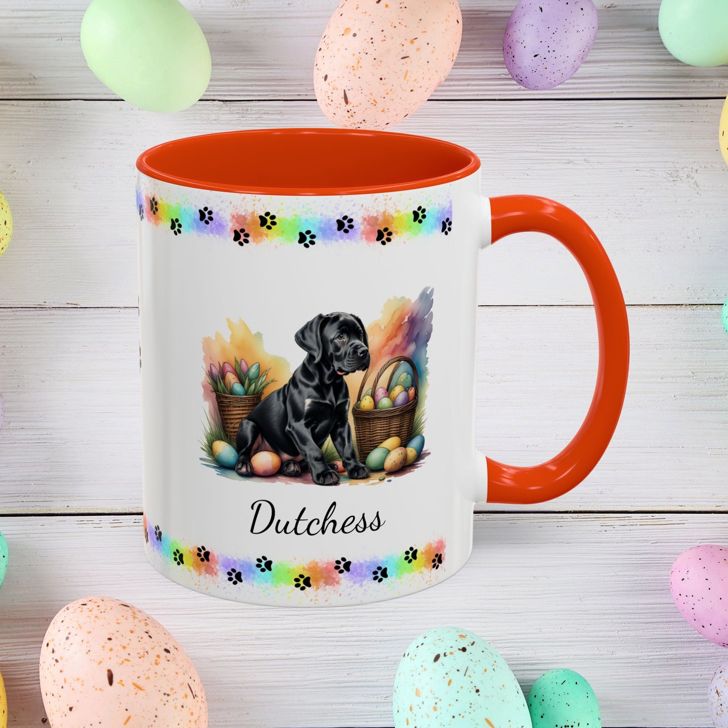 Great Dane Black Easter puppy coffee mug, personalized cute dog gift for mental health support and cozy sipping