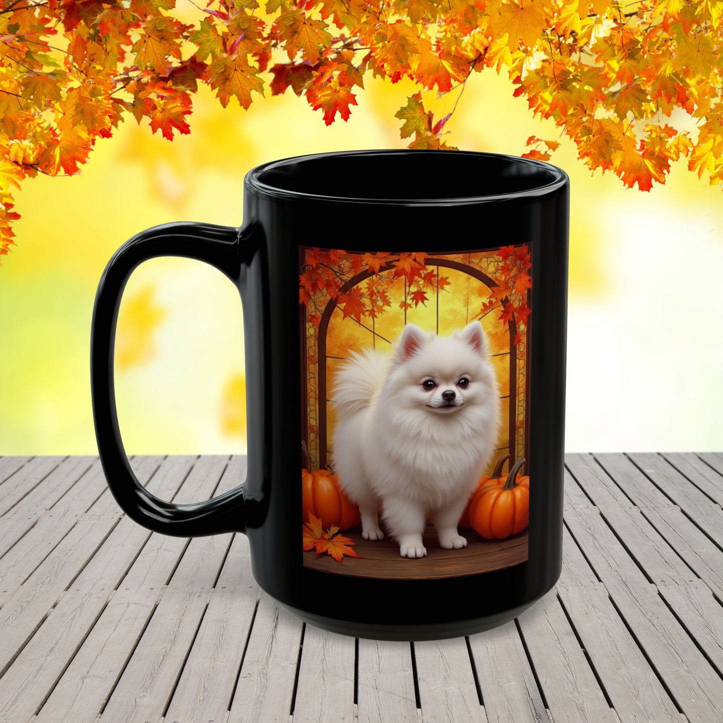 White Pomeranian personalized fall coffee mug, custom dog lover gift for cozy autumn drinks