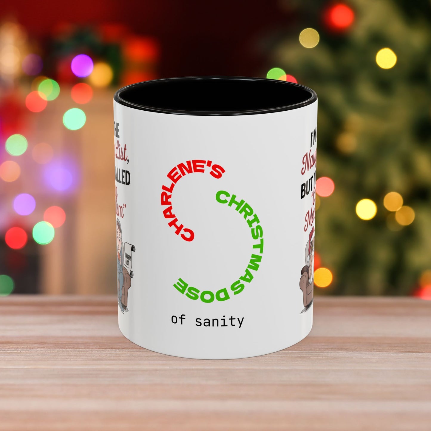 I'm On The Naughty List, But It's Called 'Coping Mechanism' - Christmas Mug with Male and Cat Design and Accent Color