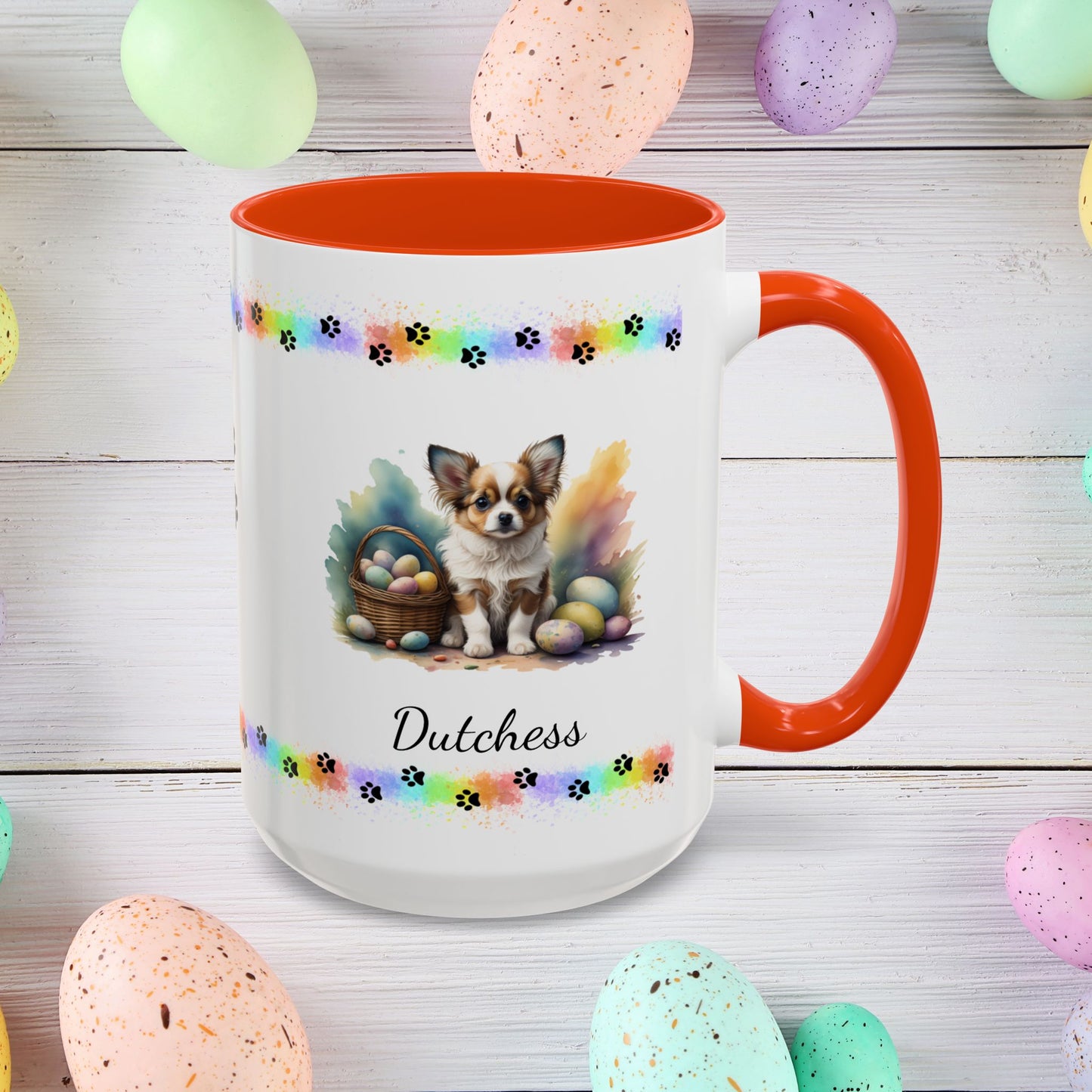 Papillon Brown & White Easter puppy coffee mug, personalized cute dog gift for mental health awareness and comfort