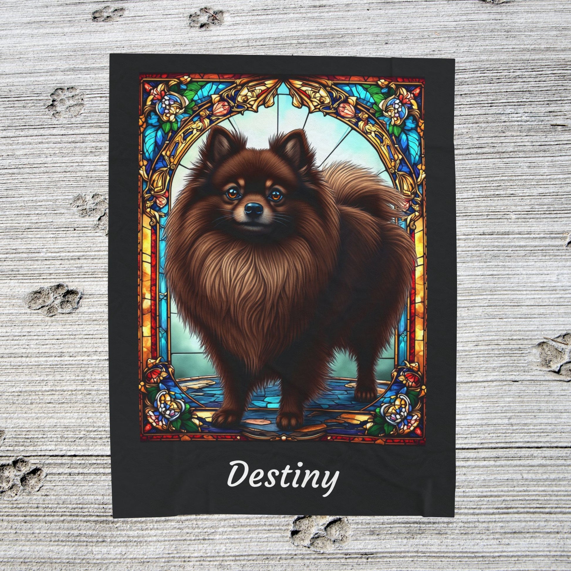 Pomeranian Chocolate Coat Blanket, Velveteen Plush Stained Glass Dog Art Throw, Custom Gift for Humans