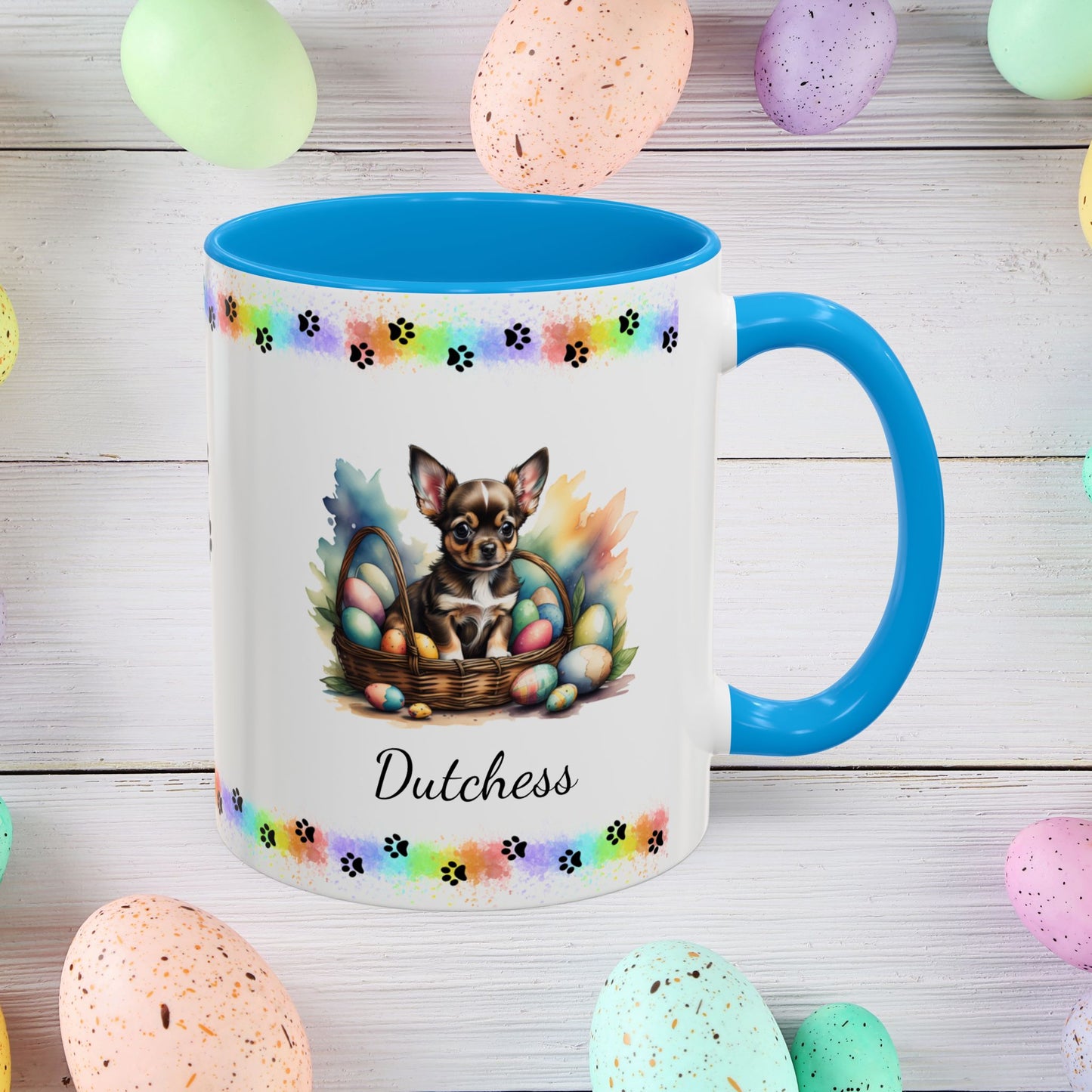Chihuahua Black Tri personalized Easter puppy mug, cute dog coffee cup, mental health awareness gift