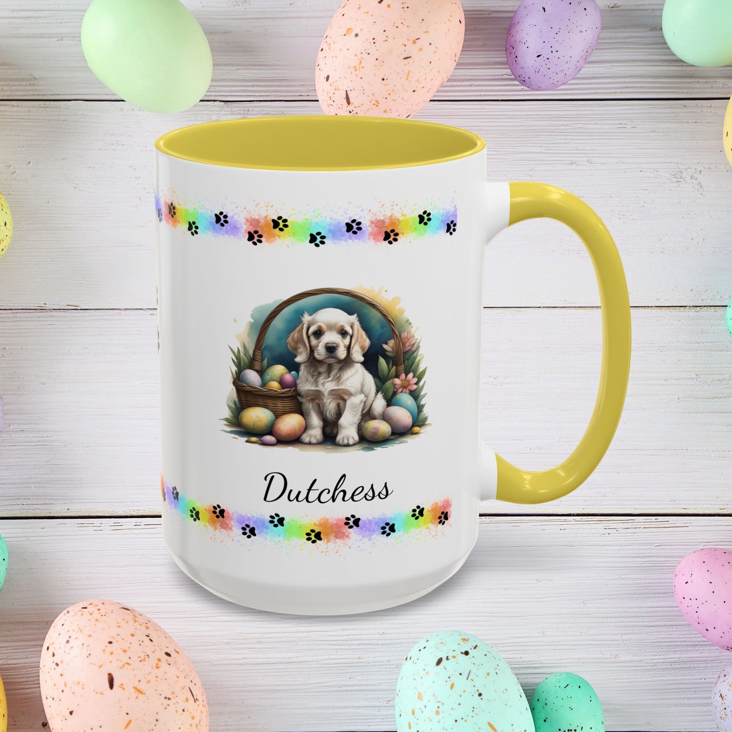 Cocker Spaniel Light Gold personalized Easter puppy mug, cute dog coffee cup gift for mental health awareness
