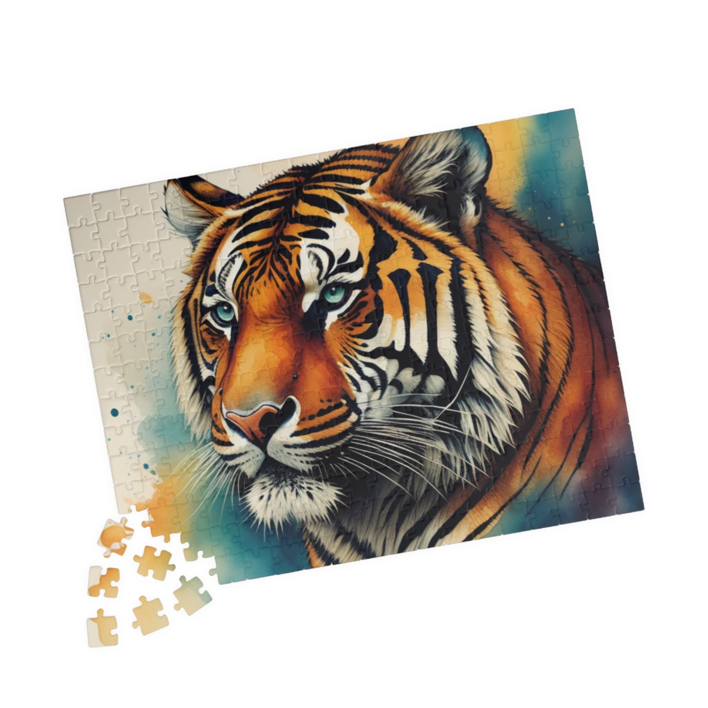 Tiger with intense gaze in colorful background, featured in a puzzle about growth and creative energy