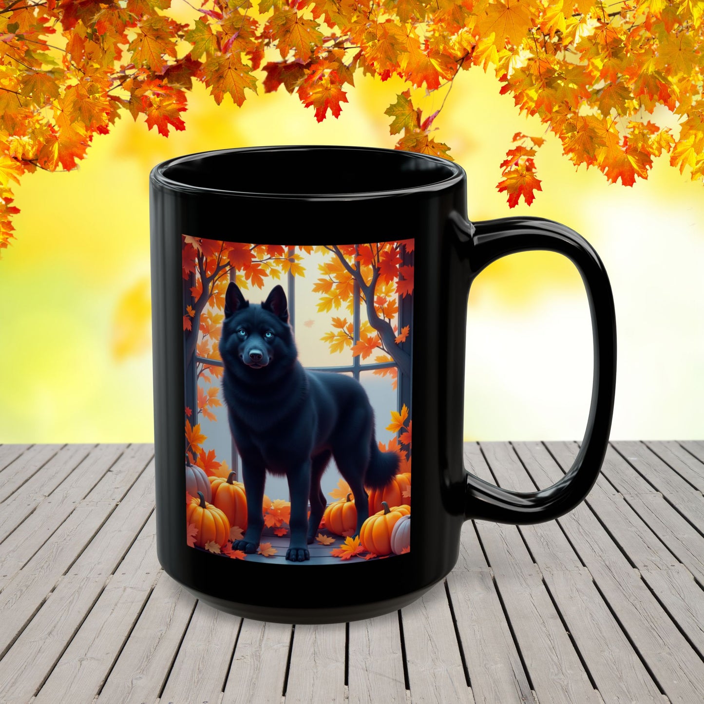 Black Siberian Husky (Blue Eyes) fall mug, custom coffee cup for Husky owners and pet parents