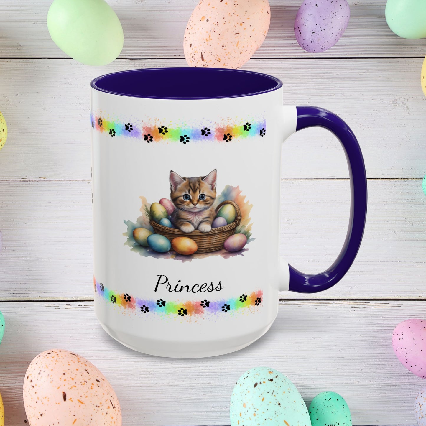 Munchkin personalized Easter coffee mug, cute kitten design, mental health awareness gift for cat lovers