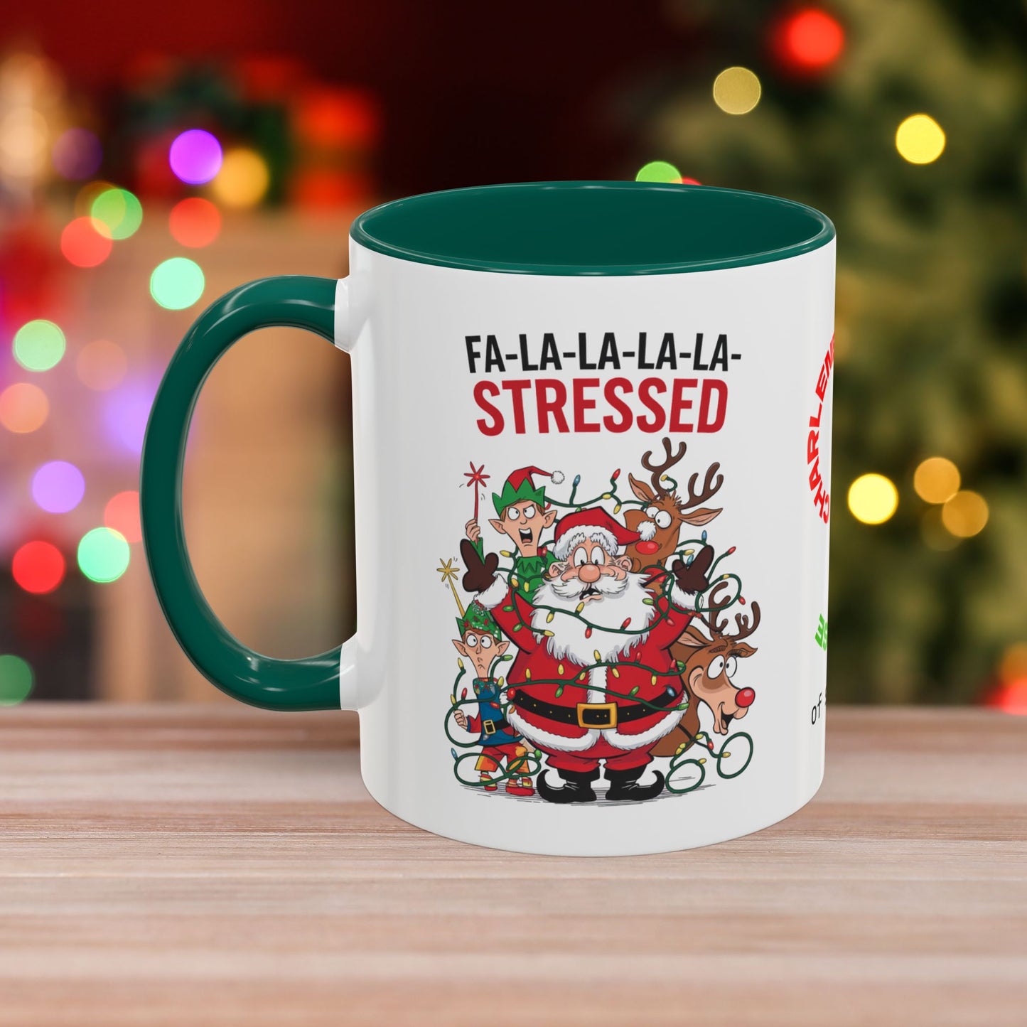 Fa-la-la-la-la Stressed – Humorous Christmas Mug with Colorful Design and Accent Color