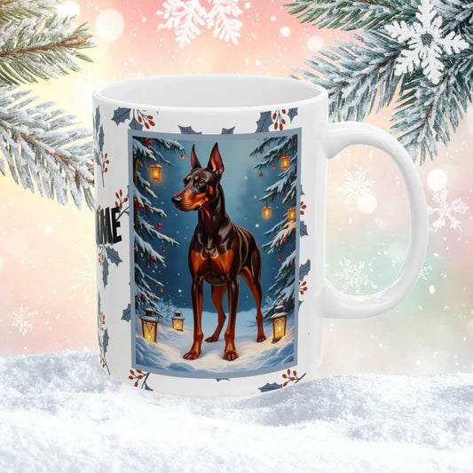 Shop our doberman red rust winter lodge mug featuring the 15oz style option from MySisterIsASurvivor.