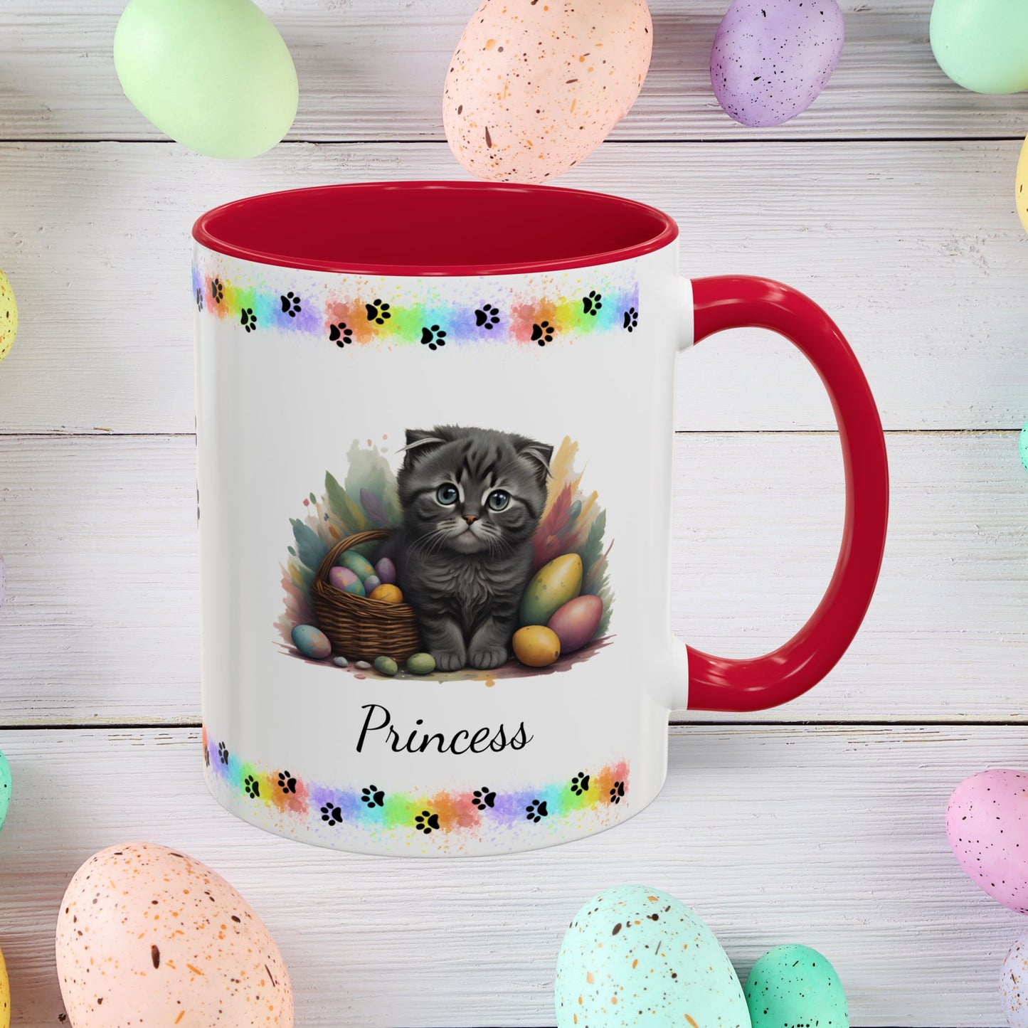 Scottish Fold Easter coffee mug, personalized kitten design, cute cat gift for mental health awareness