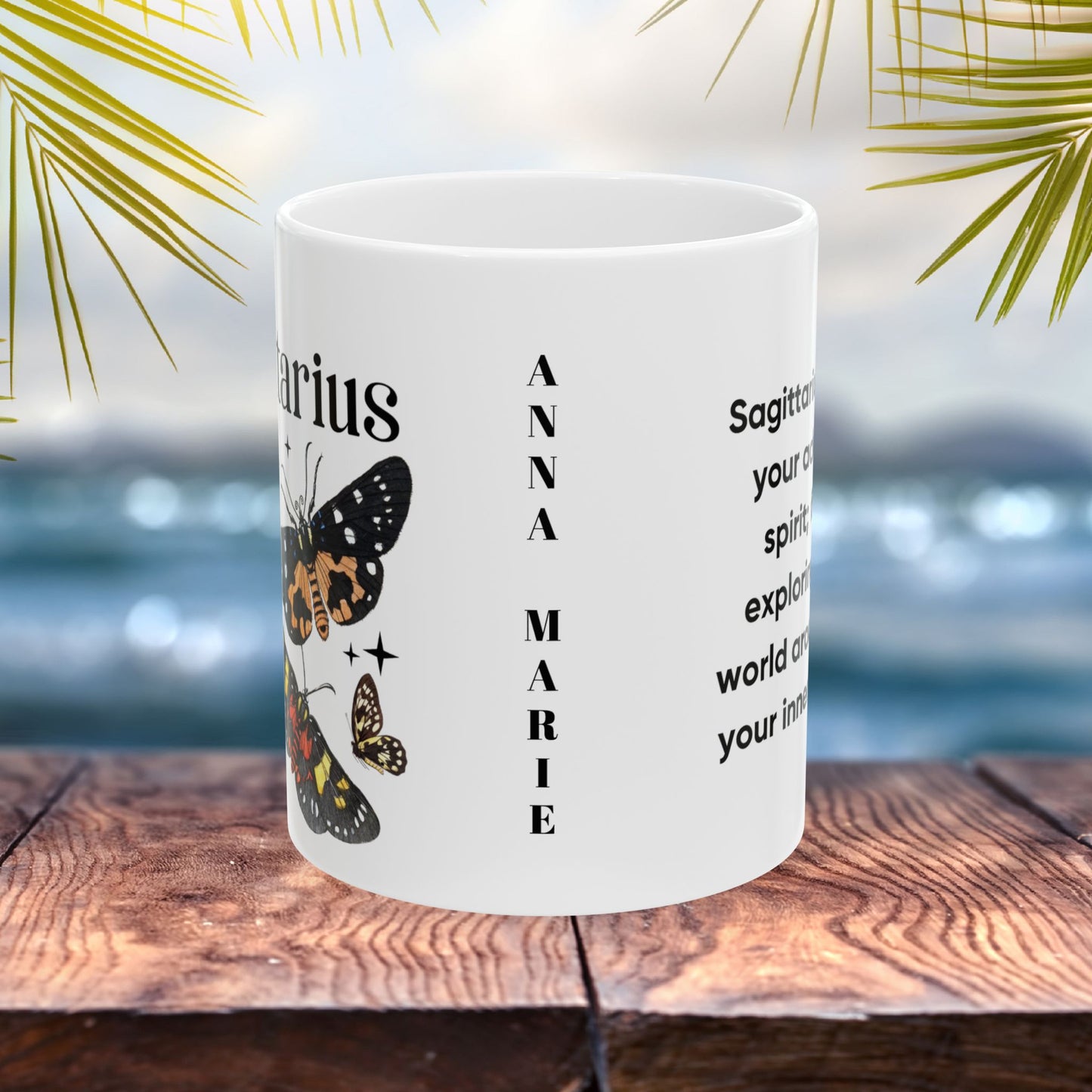 Sagittarius zodiac mug with butterfly art, custom astrology gift idea